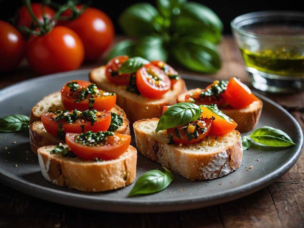 Auf dem Bild sind mehrere Scheiben Brot zu sehen, die mit einer Mischung aus frischen Tomaten und Pesto belegt sind. Die Tomaten sind rot und saftig, dekoriert mit frischem Basilikum. Die Brotscheiben sind goldbraun und appetitlich angeröstet. Im Hintergrund sind einige ganze, rote Tomaten und frische Basilikumblätter zu sehen, während sich in einer kleinen Schale etwas Olivenöl befindet. Der gesamte Anrichtungsstil vermittelt eine einladende Atmosphäre, die zum Genießen einlädt.