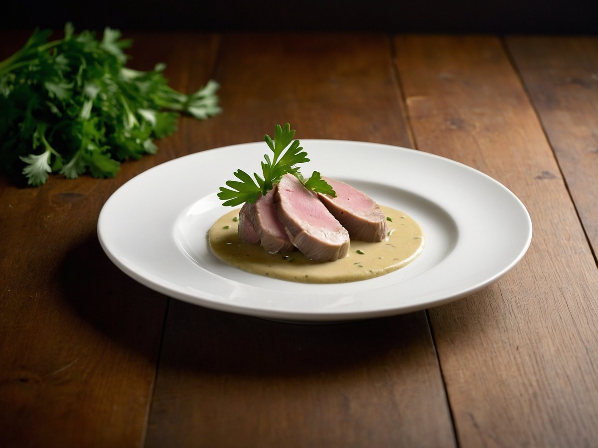 Auf dem Bild ist ein elegant angerichtetes Gericht zu sehen. Es handelt sich um Vitello Tonnato, das aus hauchdünn geschnittenem, zartem Kalbfleisch besteht. Die Scheiben sind auf einer hellen, cremigen Sauce angerichtet, die eine feine Konsistenz aufweist. Ein kleines Stück frische Petersilie dekoriert die oberste Fleischscheibe. Im Hintergrund ist eine grüne Kräutermischung zu sehen, die dem Gericht eine frische Note verleiht. Der Tisch besteht aus dunklem Holz und sorgt für einen rustikalen Kontrast zu dem eleganten Gericht.