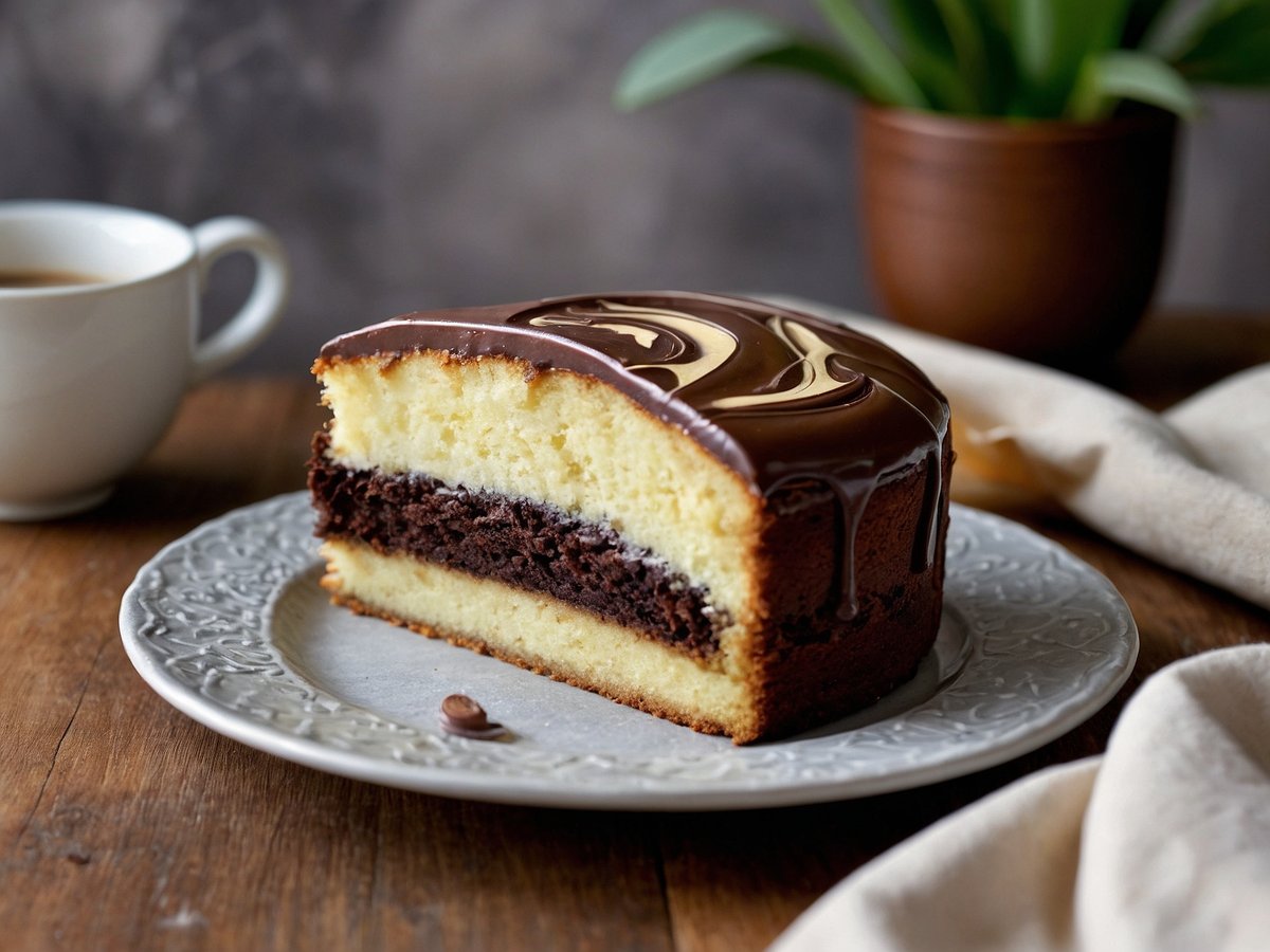 Marmorkuchen auf einem grauen Teller, aufgeschnitten, zeigt eine schichtweise Anordnung von hellen und dunklen Teigschichten. Der Kuchen hat eine glänzende Schokoladenglasur mit dekorativen Swirls. Im Hintergrund steht eine Tasse Kaffee und eine Pflanze. Ein beige Stoff liegt neben dem Teller.