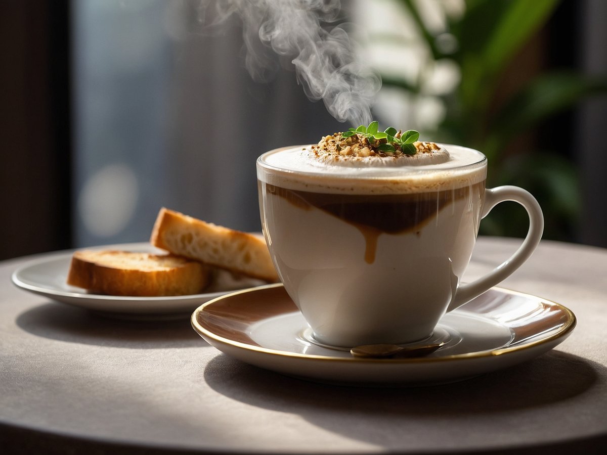 Eine köstliche Tasse Champignon-Cappuccino steht auf einem Tisch. Der Cappuccino ist in einer eleganten weißen Tasse mit goldener Verzierung und dampft leicht. Auf der Oberfläche des Getränks sind kleine grüne Kräuter und eine Prise gemahlene Nüsse dekorativ angerichtet. Neben der Tasse liegt ein kleiner Teller mit zwei Scheiben geröstetem Brot. Im Hintergrund sind Pflanzen und eine unscharfe Fensteransicht zu erkennen, was eine gemütliche Atmosphäre schafft.