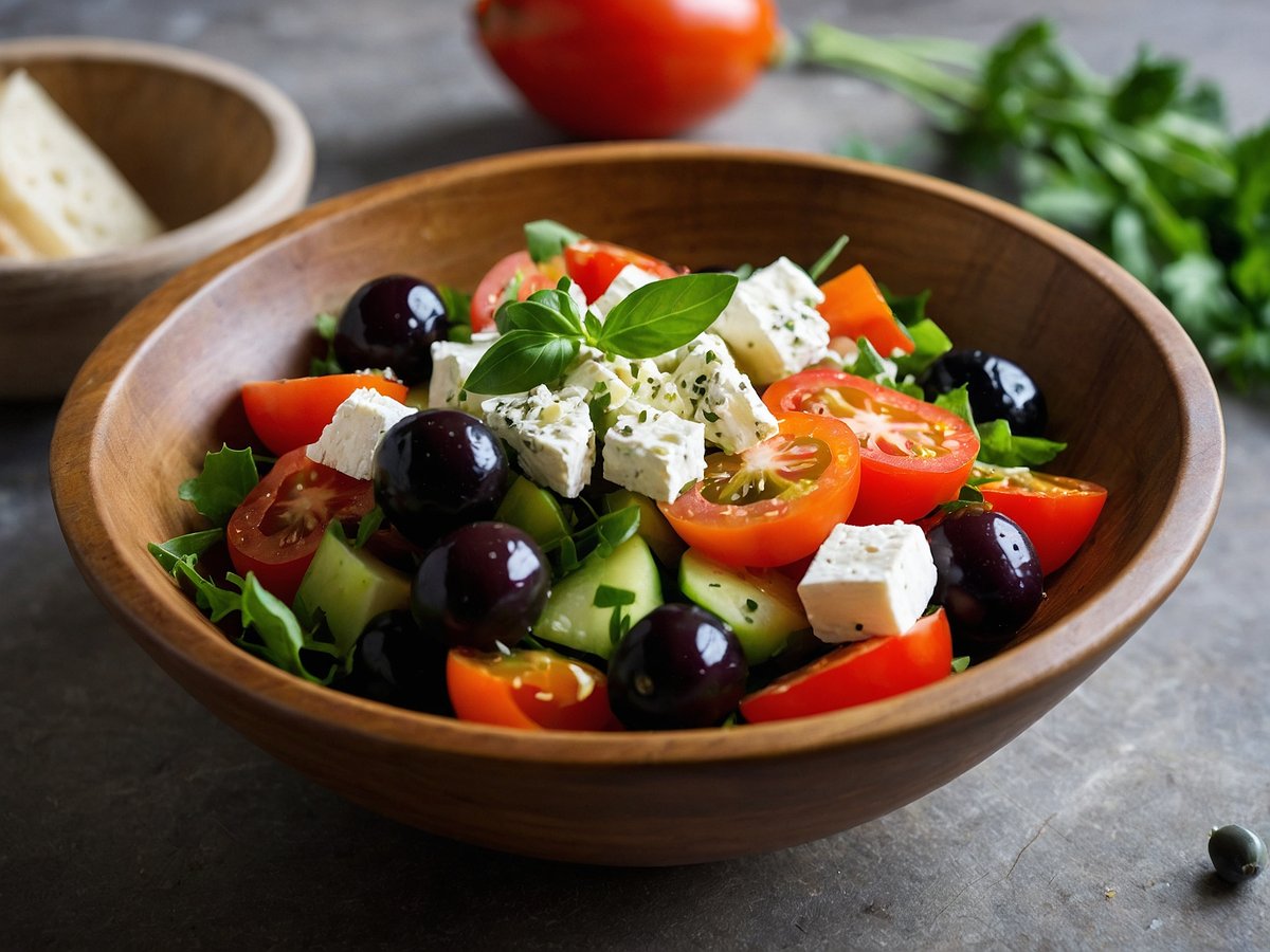 Griechischer Bauernsalat in einer großen Holzschüssel. Der Salat besteht aus frischen Zutaten wie reifen Cherrytomaten, grünem Salat, Gurkenscheiben, schwarzen Oliven und weißen Feta-Würfeln, die mit frischem Basilikum garniert sind. Im Hintergrund sind ein weiterer Holzschüssel mit Käse und frische Kräuter zu sehen. Die Farben der Zutaten sind leuchtend und ansprechend, was den Salat appetitlich wirken lässt.