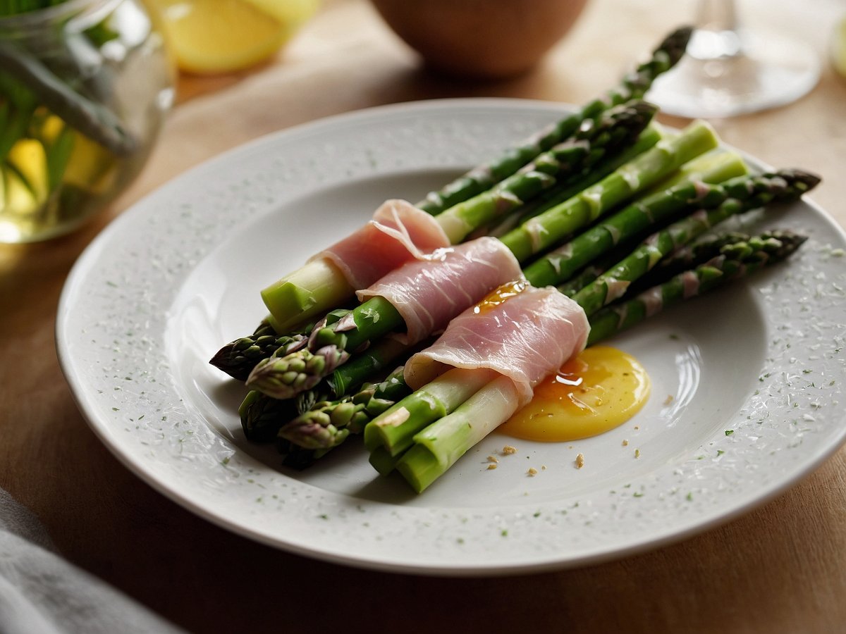 Auf dem Bild sind Spargel-Schinken-Röllchen liebevoll angerichtet. Die Röllchen bestehen aus frischen, grünen Spargelstangen, die mit feinem Schinken umwickelt sind. Neben den Röllchen befindet sich ein gelbes Eigelb, das ansprechend auf dem Teller platziert ist. Der Teller hat eine dekorative Umrandung und steht auf einer Holzoberfläche. Im Hintergrund sind einige Zutaten und eine Glasflasche sichtbar, die eine häusliche Kochumgebung erahnen lassen.