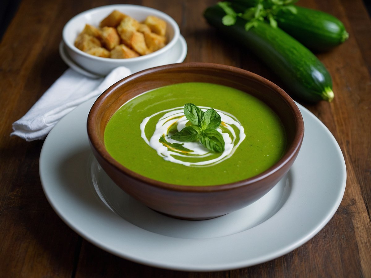 Eine cremige Zucchinisuppe mit einer intensiven grünen Farbe in einer braunen Schüssel. Auf der Suppe befindet sich ein Klecks saurer Sahne und ein frisches Minzblatt als Garnitur. Im Hintergrund sind frische Zucchinis und eine Schale mit goldenen Croutons platziert. Der Tisch hat eine natürliche Holzoberfläche und ein weißes Serviette liegt neben der Schüssel.