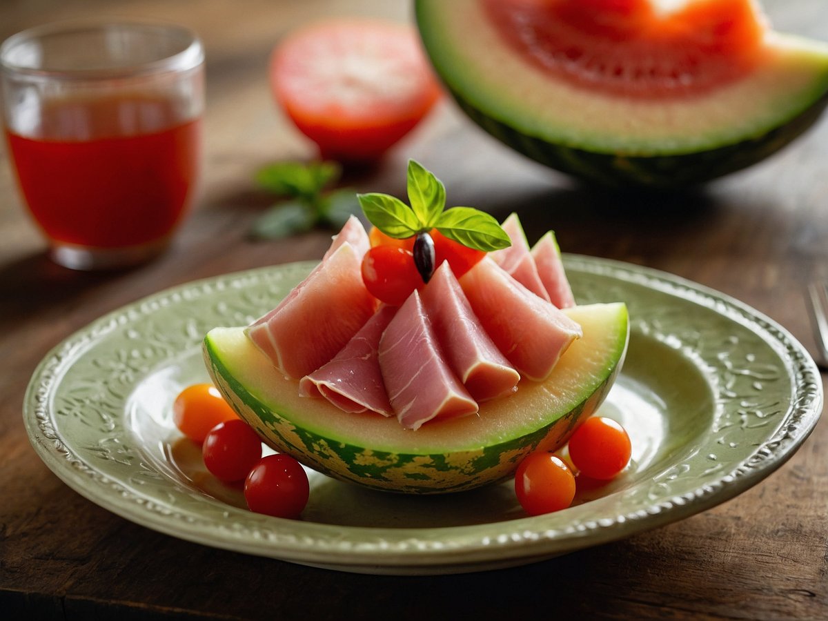 Eine kunstvoll angerichtete Melonen-Schinken-Vorspeise auf einem dekorativen grünen Teller. Die Hauptzutat ist eine halbe Melone, die mit Scheiben von Schinken belegt ist. Rund um die Melone liegen kleine, bunte Tomaten und ein frisches Basilikumblatt. Im Hintergrund ist ein Glas mit rotem Saft und eine ganze Melone zu sehen. Die Präsentation ist appetitlich und einladend, perfekt für eine sommerliche Vorspeise.