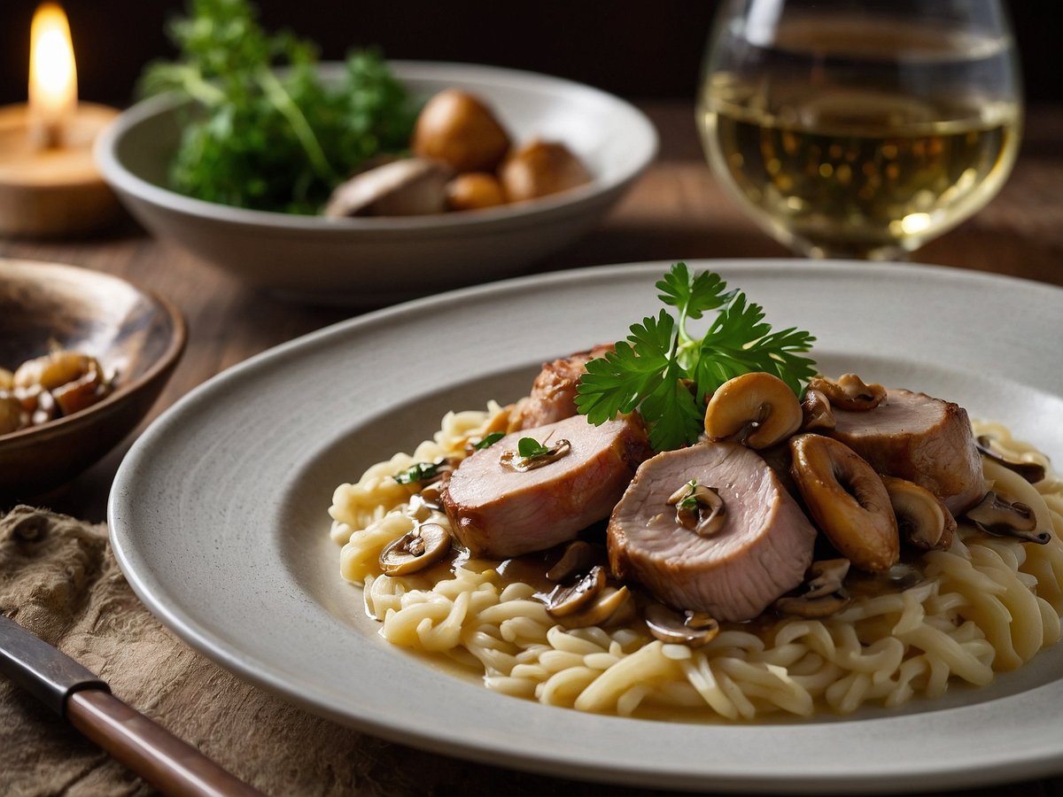 Ein Teller mit Schweinegeschnetzeltem, garniert mit frischen Kräutern, liegt auf einem Bett aus feinen Nudeln. Um das Fleisch herum sind saftige Pilze angerichtet, die in einer dunklen Sauce glänzen. Im Hintergrund sind ein Glas Weißwein und eine Schale mit weiteren Pilzen sowie frischem Gemüse zu sehen. Ein warmes, gemütliches Ambiente wird durch das sanfte Licht einer Kerze erzeugt.