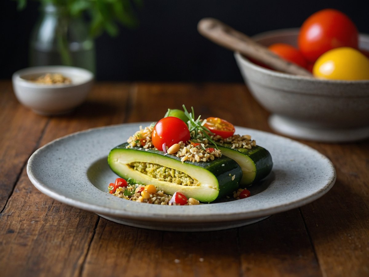 Auf dem Bild sind gefüllte Zucchini mit Quinoa zu sehen, die auf einem grauen Teller angerichtet sind. Die Zucchini ist längs auf geschnitten und mit einer Mischung aus Quinoa, Gemüse und Gewürzen gefüllt. Darüber liegen einige Kirschtomaten und frische Kräuter. Im Hintergrund befindet sich eine Schüssel mit weiteren bunten Tomaten und eine kleine Schale mit Körnern. Der Tisch ist aus Holz, was eine rustikale Atmosphäre schafft.