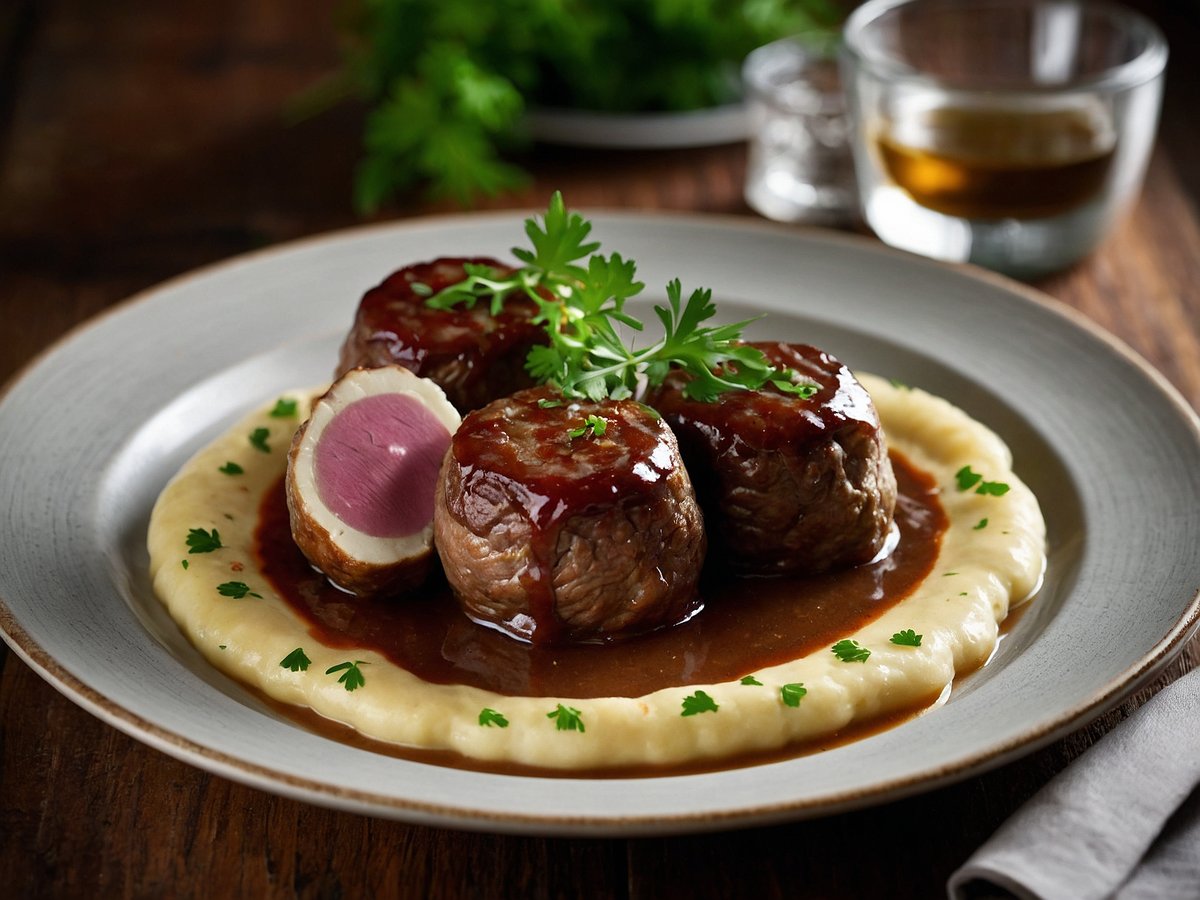 Auf dem Bild sind drei sorgfältig angerichtete Rinderrouladen zu sehen, die mit einer glänzenden Sauce überzogen sind. Die Rouladen liegen auf einem Bett aus cremigem Kartoffelpüree, das mit frischen Kräutern garniert ist. Eine der Rouladen ist aufgeschnitten und zeigt das zarte, rosa Fleisch im Inneren. Im Hintergrund sind grüne Kräuter zu erkennen, die dem Gericht Frische verleihen. Auf dem Teller sind ebenfalls kleine Gewürzkrümel verteilt, die das Gesamtbild abrunden.