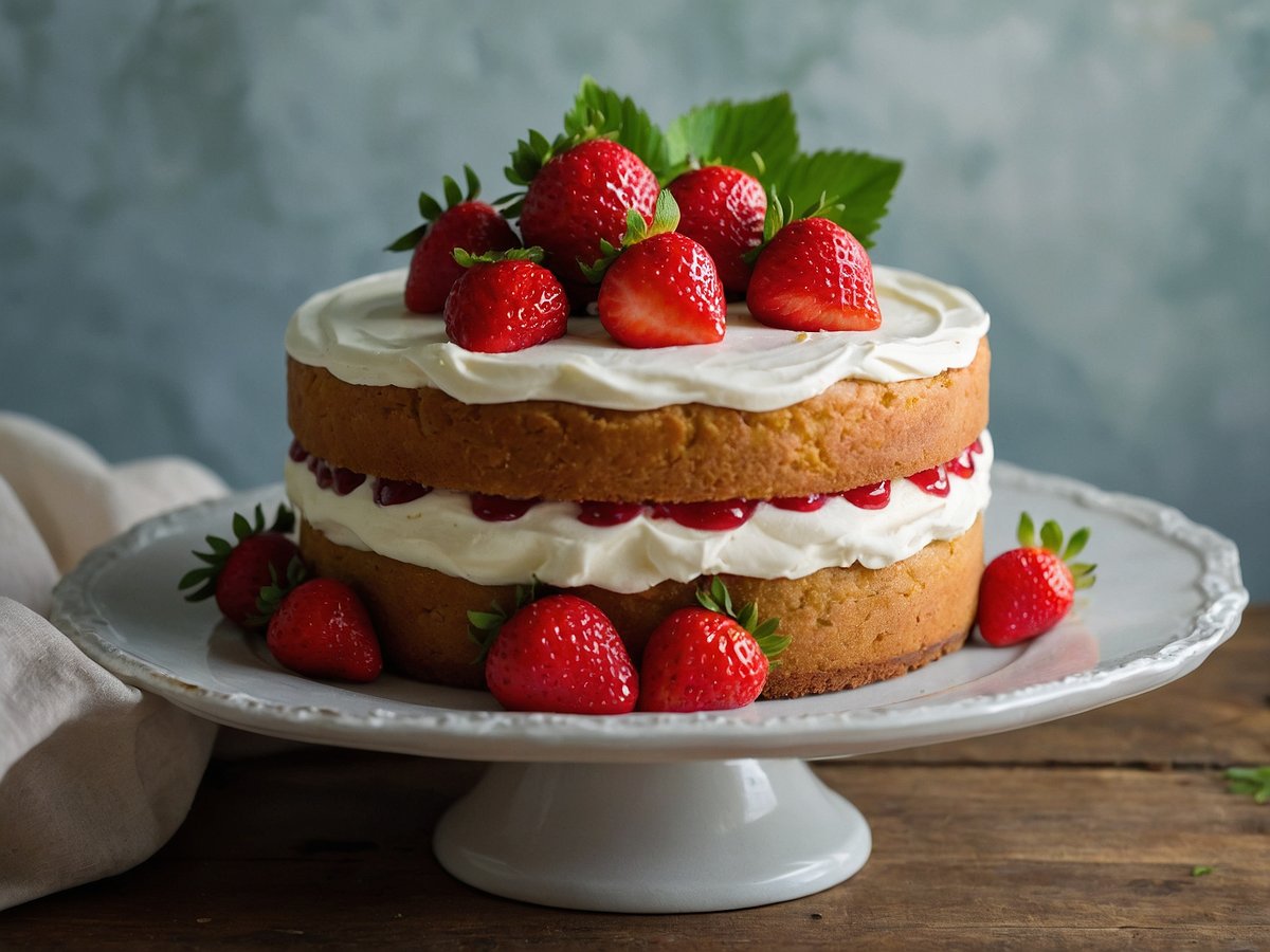 Ein saftiger Erdbeerkuchen steht auf einem eleganten Teller. Der Kuchen besteht aus zwei Schichten, die mit einer dicken Schicht Sahne und fruchtiger Erdbeermarmelade gefüllt sind. Die Oberseite des Kuchens ist reichlich mit frischen, roten Erdbeeren und grünen Blättern dekoriert, die dem Kuchen ein ansprechendes Aussehen verleihen. Der Hintergrund ist sanft verschwommen und lässt den Fokus auf dem leckeren Dessert.