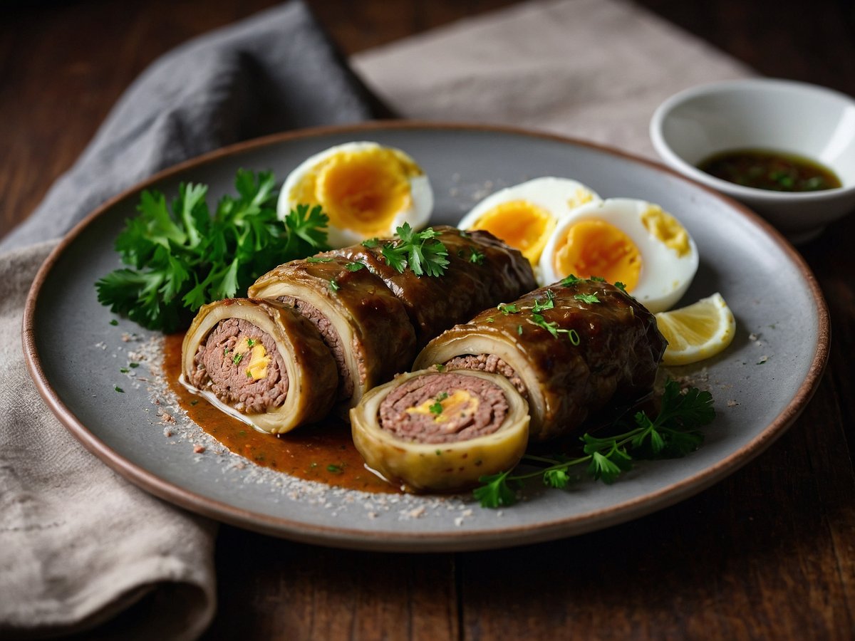 Auf dem Bild sind Wirsing-Rouladen mit Hackfleisch zu sehen, die auf einem grauen Teller angerichtet sind. Die Rouladen sind gefüllt und in einer dunklen Soße serviert. Neben den Rouladen liegen halbierte, weich gekochte Eier und frische Zitronenscheiben. Außerdem ist etwas frisches Grün, vermutlich Petersilie, dekorativ auf dem Teller platziert. Der Hintergrund ist leicht unscharf, was den Fokus auf das Gericht lenkt.