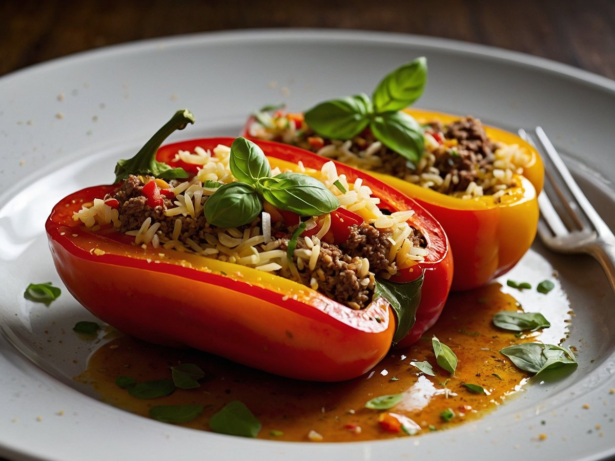 Gefüllte Paprika mit Reis liegen auf einem weißen Teller. Die Paprika sind rot und gelb, gefüllt mit einer Mischung aus Hackfleisch, Reis und buntem Gemüse. Auf der Füllung sind frische Basilikumblätter dekorativ platziert. Rund um die Paprika befindet sich eine leichte Sauce und einige frische Kräuter auf dem Teller. Der Hintergrund ist unscharf und der Teller hebt sich von einer dunklen, holzähnlichen Oberfläche ab.