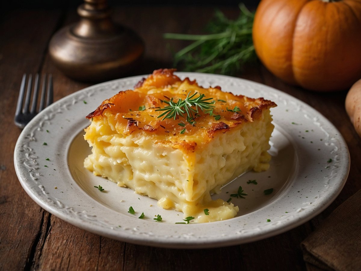 Ein Stück Kartoffelgratin mit Kürbis ist auf einem weißen Teller angerichtet. Die goldbraune, knusprige Oberseite des Gratins ist mit frischen Kräutern dekoriert. Im Hintergrund sind eine kleine Kürbisfrucht und ein Besteckteil zu sehen, während der Tisch aus dunklem Holz besteht.