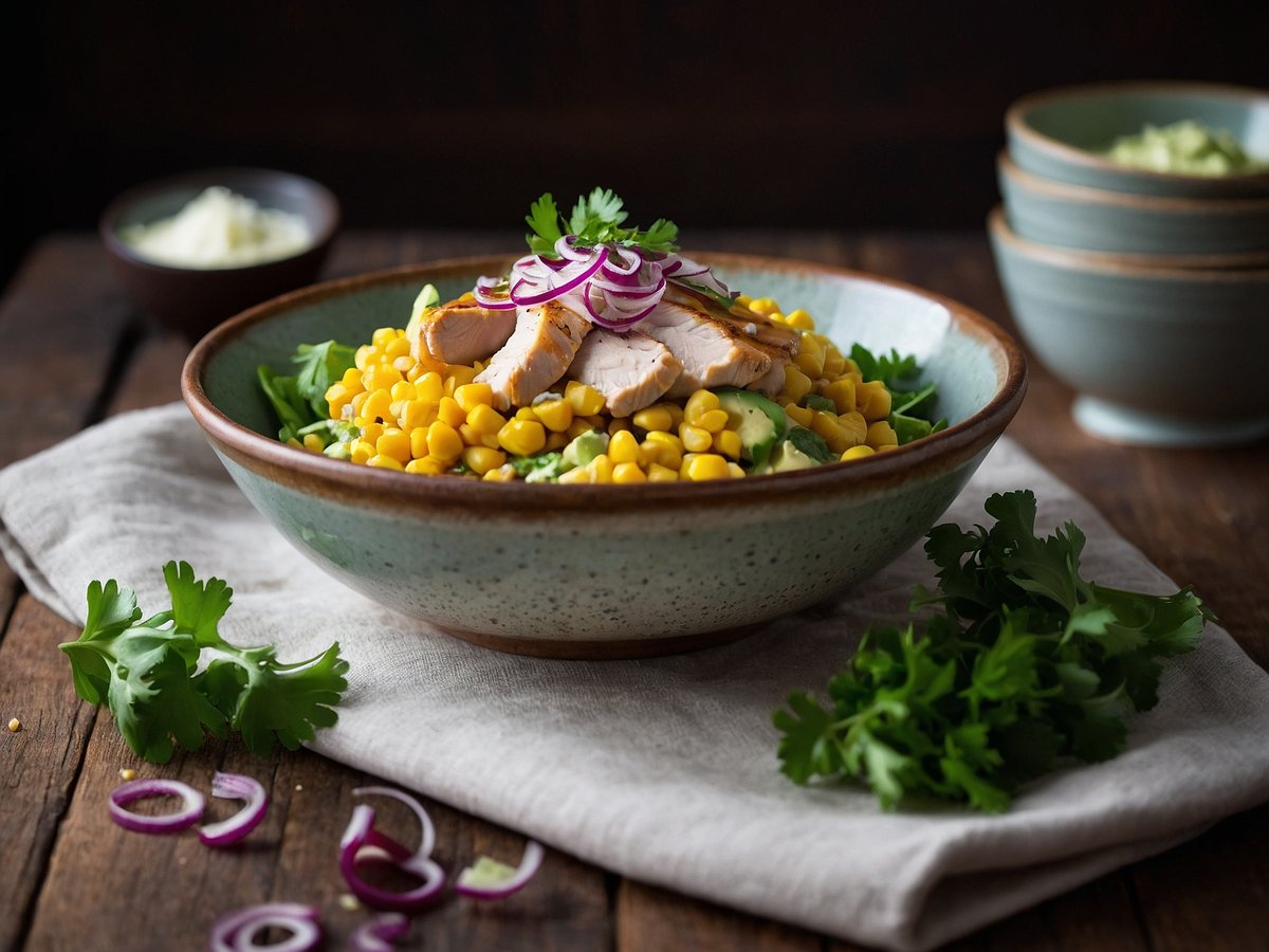 Eine Hähnchen-Bowl mit Avocado, die mit leuchtend gelben Maiskörnern, zarten Hähnchenstreifen und roten Zwiebelringen dekoriert ist. Die Bowl ist auf einem rustikalen Holztisch angerichtet und wird von frischem Koriander umgeben. Im Hintergrund sind einige kleine Schalen zu sehen, die anscheinend weitere Zutaten enthalten. Es liegt ein helles Tuch unter der Bowl, was dem Bild eine angenehme Atmosphäre verleiht.