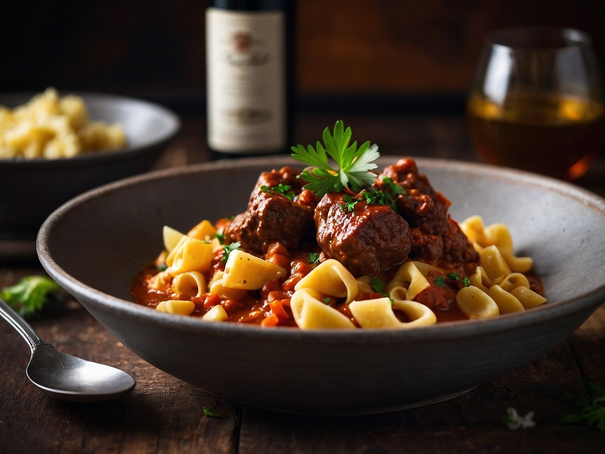 Ein tiefes Teller voller Rindergulasch mit Spätzle wird gezeigt. Das Gulasch ist in einer würzigen Tomatensauce serviert und enthält große, saftige Fleischstücke. Die Spätzle umrahmen das Gericht und sind perfekt al dente. Frische Kräuter, wie Petersilie, sind zum Garnieren verwendet worden. Im Hintergrund ist ein Glas mit einem dunklen Getränk und ein paar Beilagen zu sehen, die den rustikalen, einladenden Charakter des Essens unterstreichen.