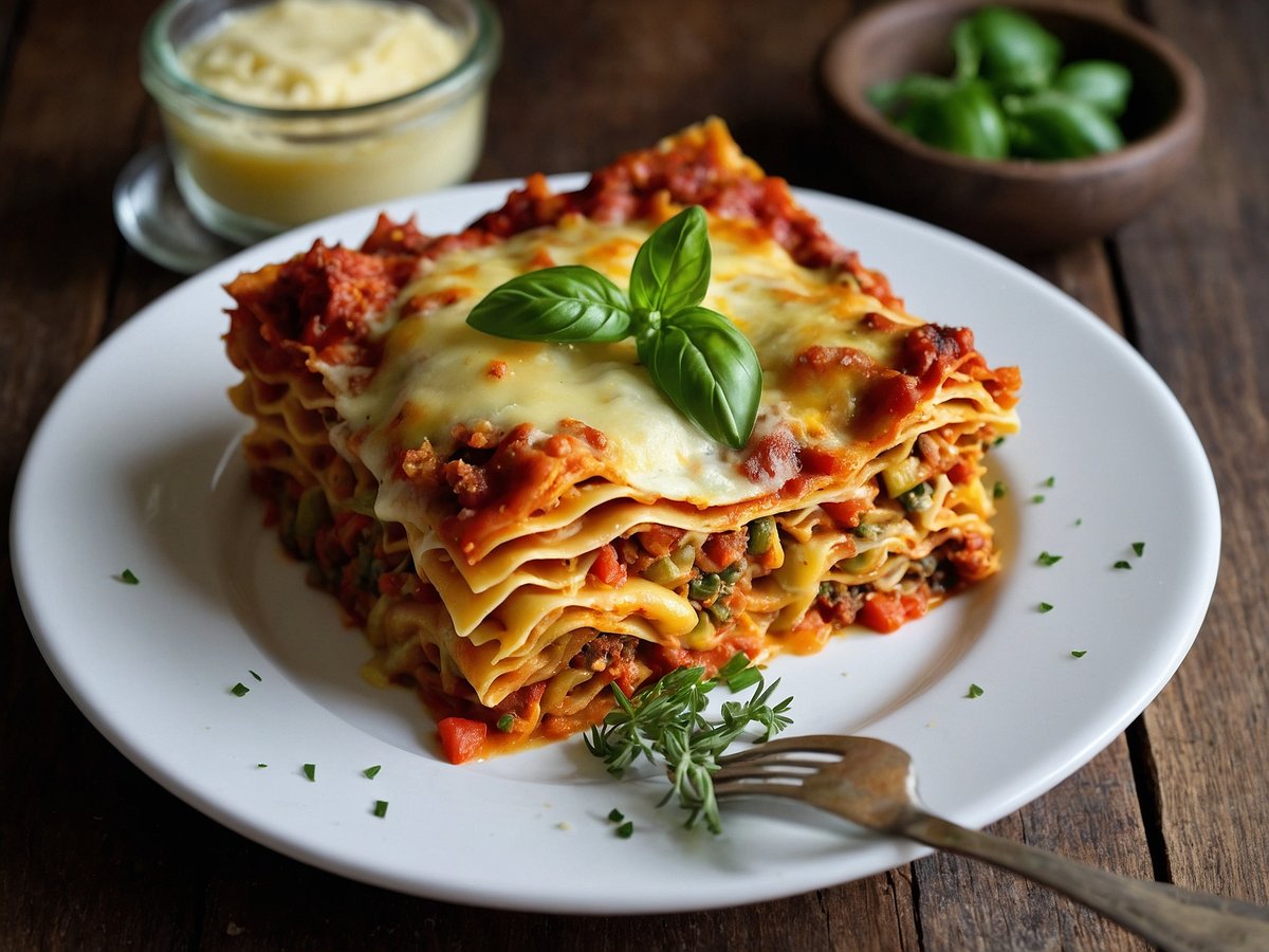 Eine appetitliche vegetarische Gemüselasagne auf einem weißen Teller. Die Lasagne ist geschichtet und besteht aus Nudeln, einer bunten Gemüsemischung und einer schmelzenden Käseschicht auf der Oberseite. Frische Basilikumblätter verzieren die Lasagne. Rund um den Teller liegen einige grüne Kräuter und auf der linken Seite befindet sich ein Glas mit einer cremeartigen Sauce. Im Hintergrund sind weitere frische Basilikumblätter in einer kleinen Schale zu sehen. Der Teller steht auf einer rustikalen Holzoberfläche.