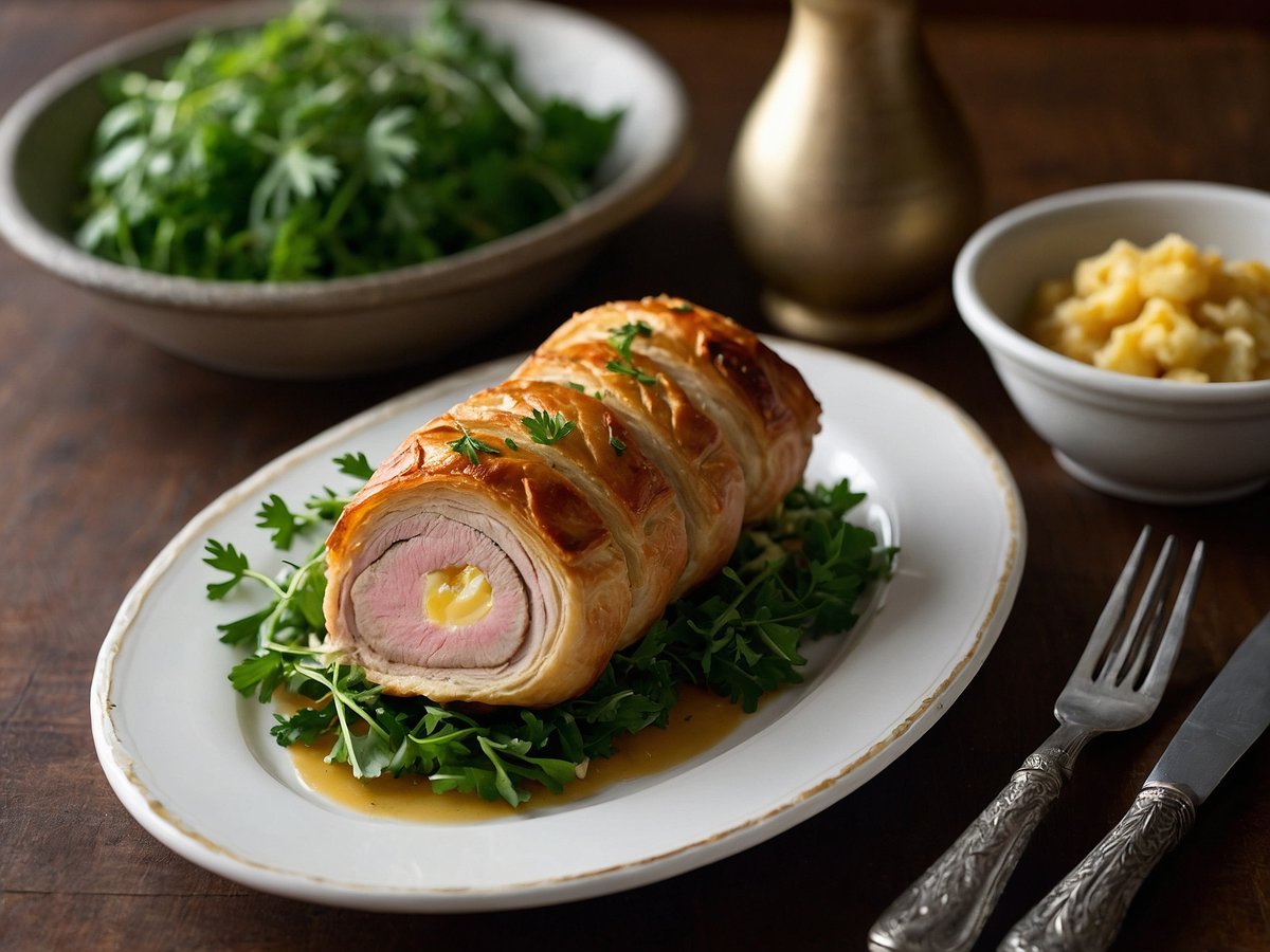 Auf dem Bild ist ein gebratenes Schweinefilet im Blätterteig zu sehen, das auf einem weißen Teller serviert wird. Es ist in Scheiben geschnitten und die rosafarbene Füllung mit einem Ei ist sichtbar. Der Teller ist auf einem Holztisch platziert, umgeben von frischem Grün, das als Beilage dient. Im Hintergrund befindet sich eine Schüssel mit Salat und eine weitere Schüssel mit Pasta. Eine Silbergabel und ein -messer liegen neben dem Teller.