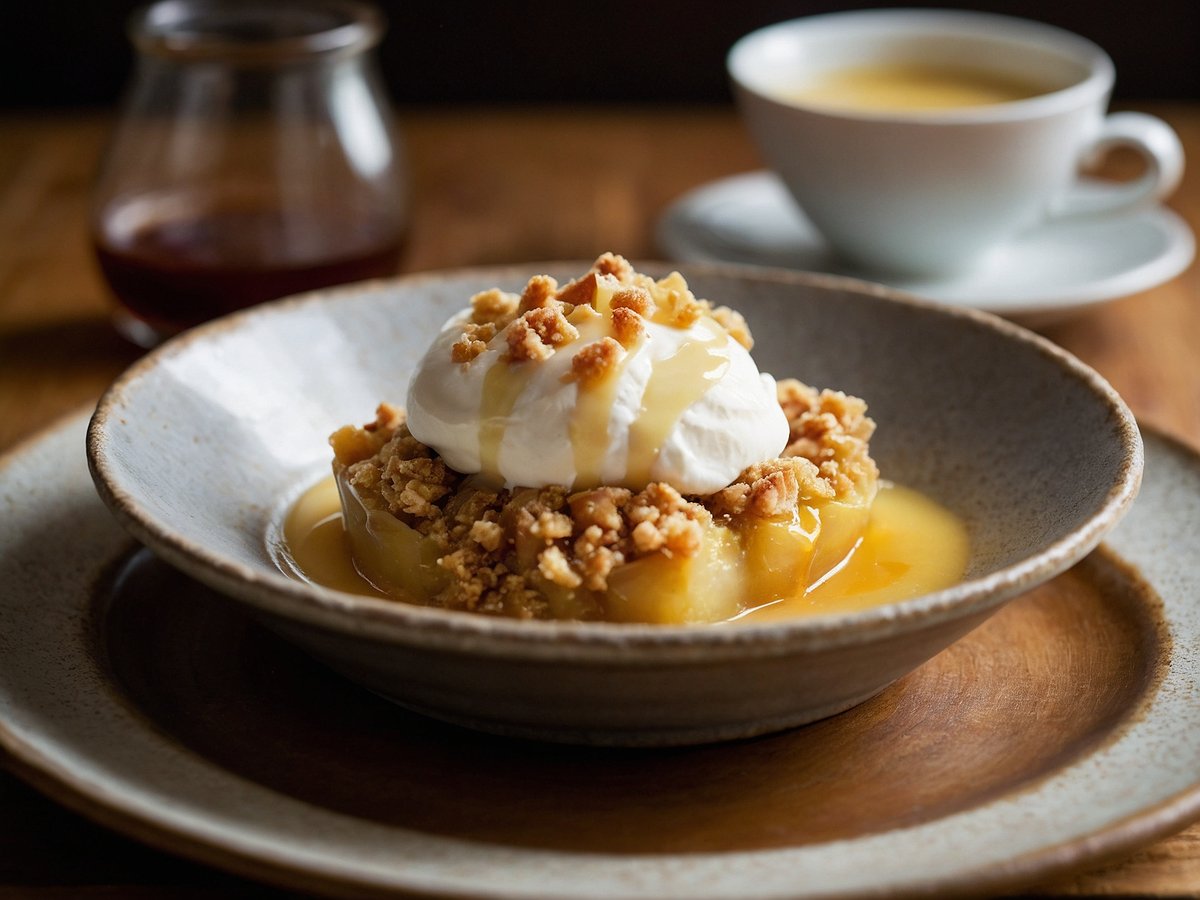 Ein Dessertteller zeigt Apfel-Crumble, der mit einer großzügigen Portion Sahne bedeckt ist. Der Crumble hat eine goldbraune, knusprige Oberfläche und ist auf einem teigähnlichen Bett aus gebackenen Äpfeln angerichtet. Darüber wird eine süße Vanillesoße verteilt. Im Hintergrund steht eine Tasse Kaffee und ein Glas mit einer dunklen Flüssigkeit, die möglicherweise ein alkoholisches Getränk ist. Der Teller ist auf einer rustikalen Holzoberfläche platziert.