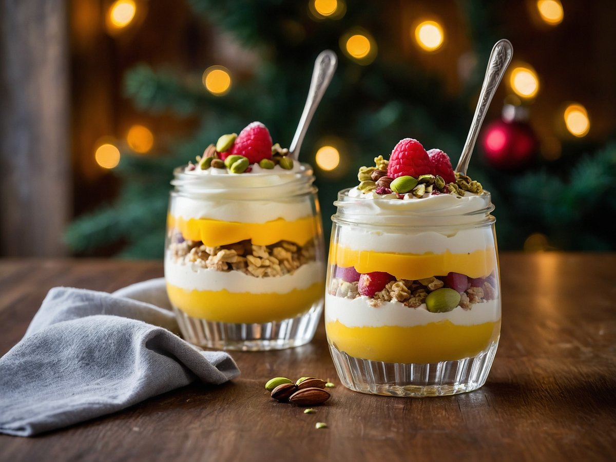 Zwei Gläser mit Spekulatius-Parfait stehen auf einem Holztisch. Die Schichten des Desserts sind gut sichtbar und bestehen aus einer Kombination von Joghurt, Gelb von Mango oder einer ähnlichen Creme, knusprigem Granola und frischen Früchten, darunter Himbeeren. Die Desserts sind mit einer Vielzahl von Nüssen und getrockneten Früchten garniert. Im Hintergrund sind unscharfe Lichter zu sehen, die eine festliche Atmosphäre schaffen. Ein graues Tuch liegt neben den Gläsern.