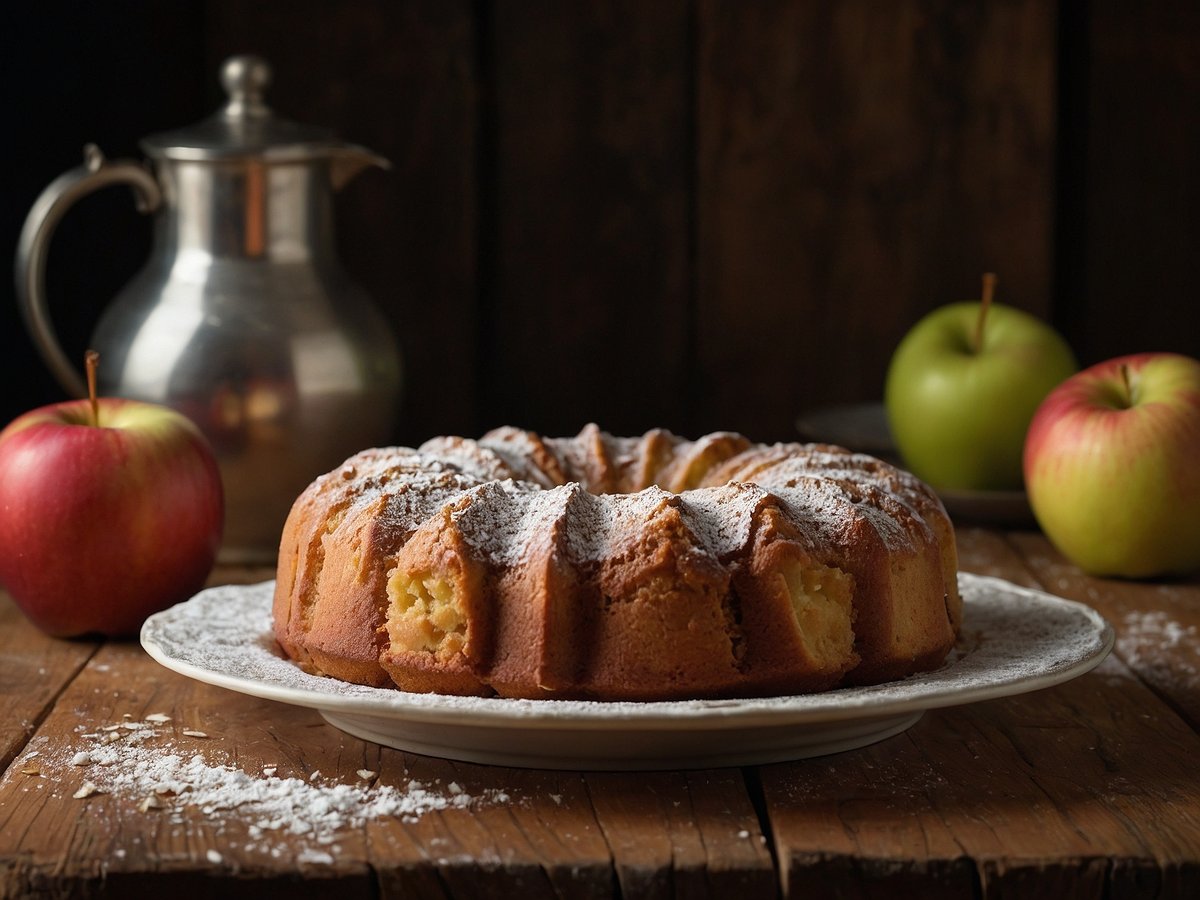 Auf dem Bild ist ein frisch gebackener Apfelkuchen zu sehen, der auf einem weißen Teller serviert wird. Der Kuchen hat eine goldene, leicht gebräunte Oberfläche und ist mit Puderzucker bestäubt. Daneben liegen zwei Äpfel, ein roter und ein grüner, die auf einem Tisch aus Holz platziert sind. Im Hintergrund steht eine silberne Kaffeekanne, die dem Bild eine warme, einladende Atmosphäre verleiht.