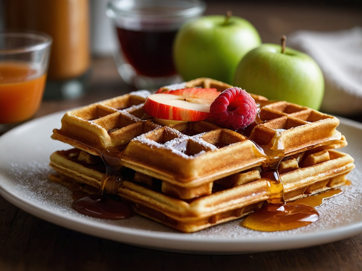 Zimtwaffeln angeordnet auf einem weißen Teller, überzogen mit einer dünnen Schicht Puderzucker. Auf den Waffeln liegen frische, dünn geschnittene Apfelstückchen sowie eine Himbeere. Goldener Sirup fließt teilweise über die Waffeln. Im Hintergrund sind zwei grüne Äpfel und Gläser mit Getränken sichtbar, die eine gemütliche Frühstücksatmosphäre schaffen.