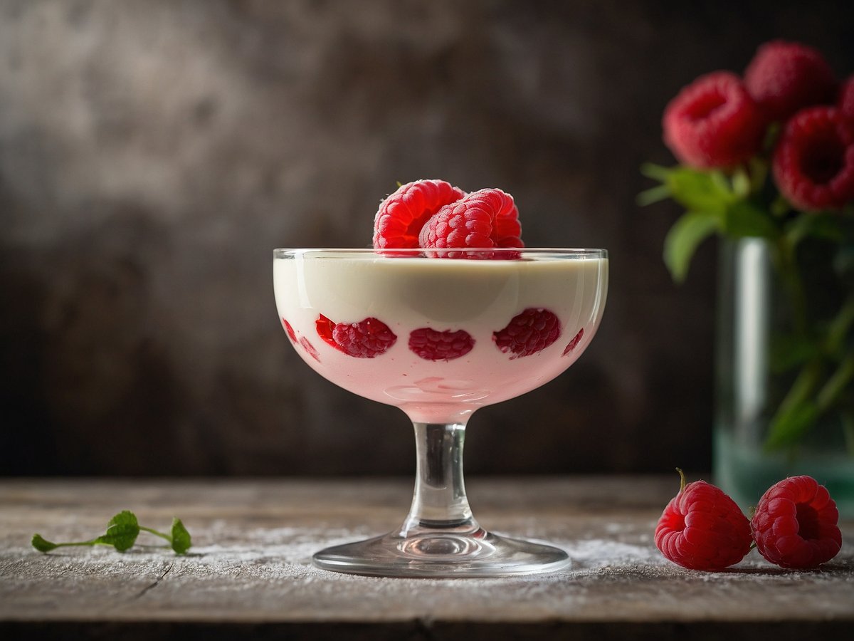 Eine elegante Schale mit Panna Cotta ist abgebildet, die mit frischen Himbeeren garniert ist. Die cremige, weiße Oberfläche der Panna Cotta kontrastiert mit der leichten Rosa-Färbung, die von pürierten Himbeeren stammt. Neben der Schale liegen einige frische Himbeeren auf einem rustikalen Holztisch. Im Hintergrund ist ein verschwommener Strauß Himbeeren zu sehen, der von einem unscharfen Glasgefäß gehalten wird. Die gesamte Szene vermittelt eine ansprechende und appetitliche Atmosphäre.