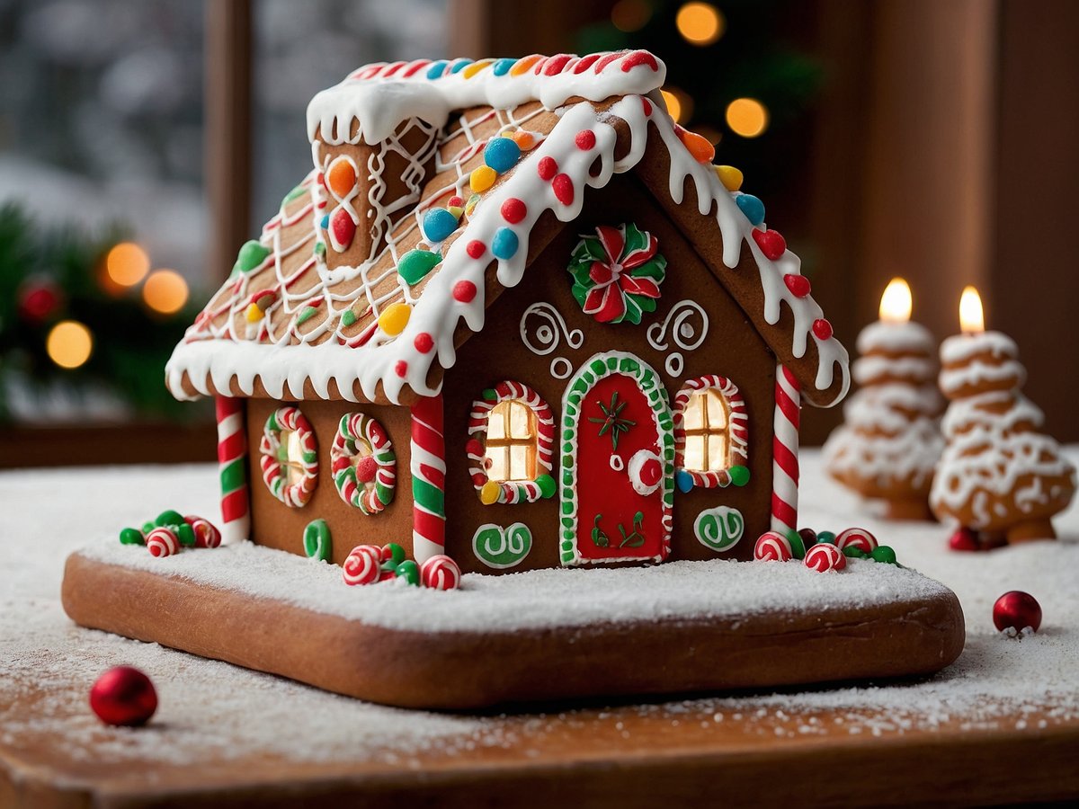 Ein Lebkuchenhaus mit Zuckerguss steht auf einer Tischplatte. Das Haus ist kunstvoll dekoriert mit bunten Süßigkeiten und Zuckerguss. Das Dach ist mit einer schneebedeckten Glasur verziert und daran haften farbige Bonbons. Die Fenster sind leuchtend, und vor dem Haus liegen Lebkuchen in Form von kleinen Tannenbäumen, die ebenfalls mit Zuckerguss dekoriert sind. Im Hintergrund sind sanfte Lichter und eine winterliche Szene zu erkennen.