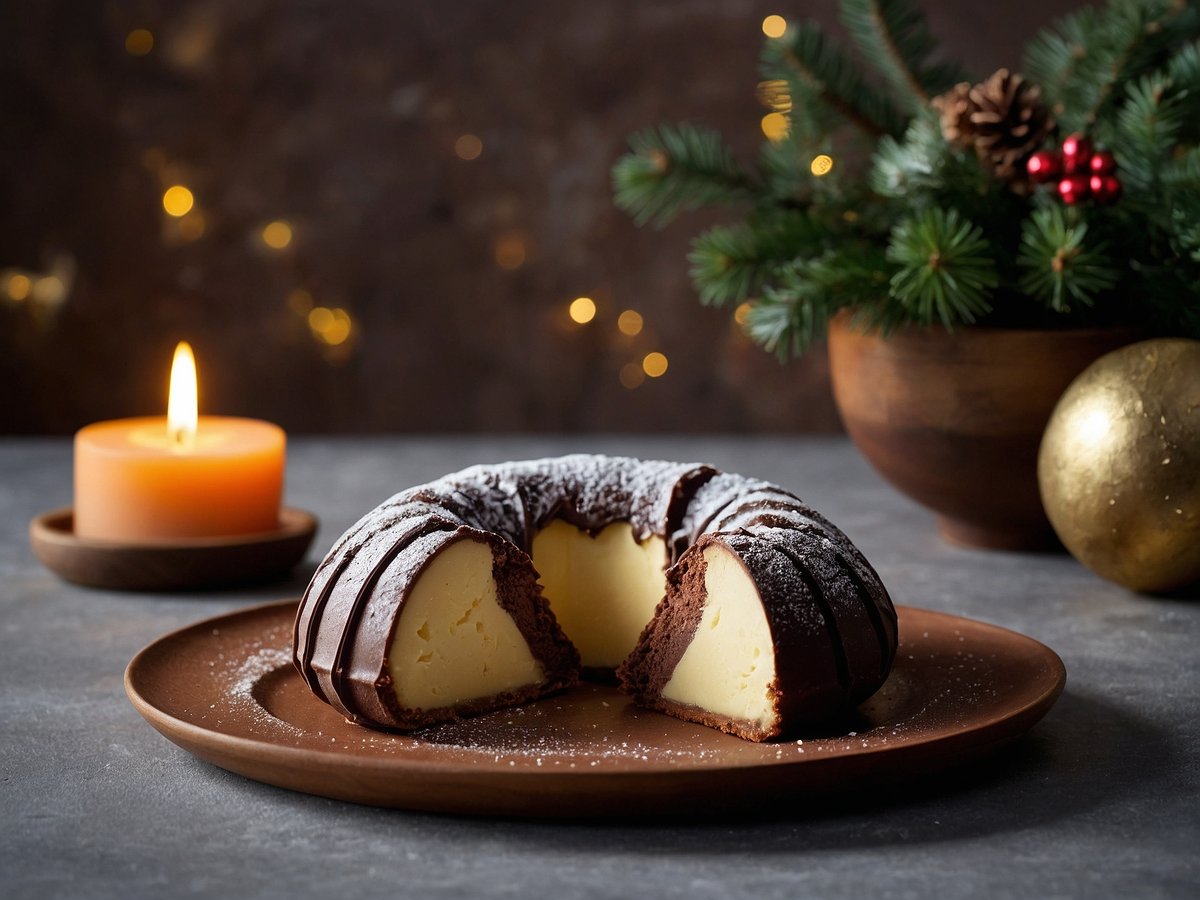 Auf dem Bild sind Marzipankartoffeln auf einem braunen Teller zu sehen, die in einer ringförmigen Schokoladenhülle präsentiert werden. Der Kuchen ist zur Hälfte aufgeschnitten, sodass die cremefarbene Füllung sichtbar wird. Im Hintergrund steht eine orangefarbene Kerze, die ein warmes Licht ausstrahlt, und ein Holzschüssel mit Tannenzweigen sowie eine goldene Kugel sind ebenfalls sichtbar. Die Szene vermittelt eine festliche und gemütliche Atmosphäre.