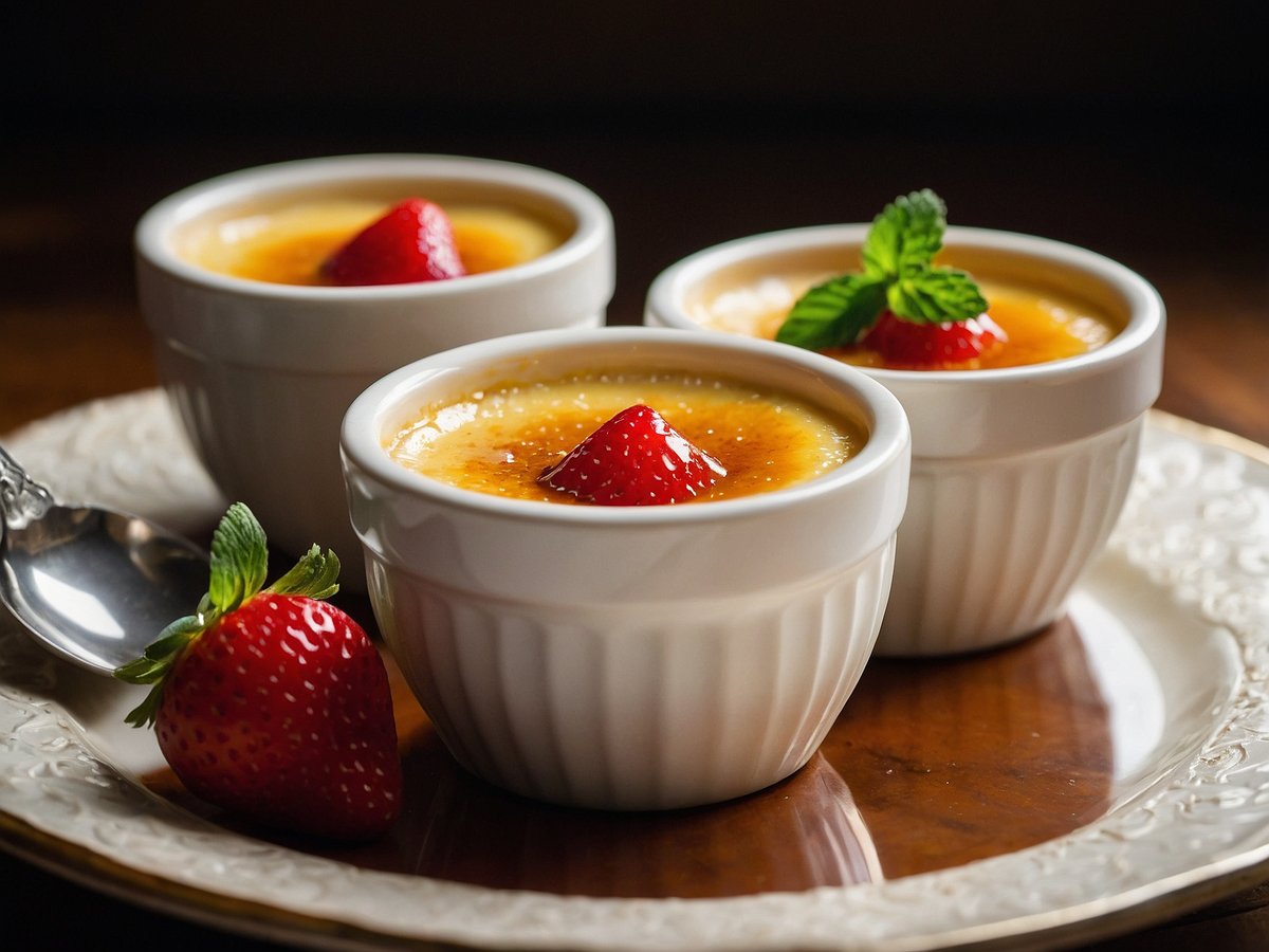 Drei Schalen mit Crème Brûlée, verfeinert mit Tonkabohne, stehen auf einem eleganten Teller. Jede Schale ist mit einer karamellisierten Zuckerkruste bedeckt und dekoriert mit einer frischen Erdbeere und einem Minzblatt. Neben den Schalen liegt ein Löffel aus Edelstahl, während der Hintergrund in sanften, dunklen Farbtönen gehalten ist, die die Desserts hervorheben.