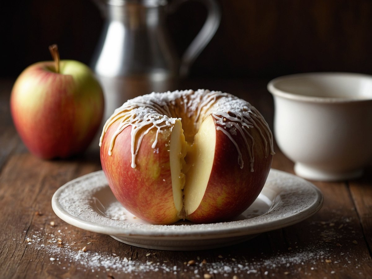 Auf dem Bild ist ein Bratapfel mit Marzipanfüllung zu sehen. Der Apfel ist halbiert und zeigt die goldene Füllung, während die äußere Schale in einem schönen Rotton erstrahlt. Oben ist der Bratapfel mit einer Zuckerglasur verziert. Im Hintergrund steht ein weiterer Apfel sowie eine Tasse und eine Kanne, alles auf einem rustikalen Holztisch platziert. Puderzucker liegt auf dem Teller und um den Bratapfel herum.