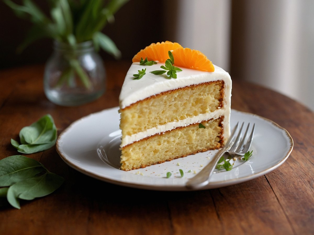 Ein Stück Rüblitorte liegt auf einem weißen Teller mit goldener Umrandung. Die Torte hat eine weiche, helle Farbe und ist mit einer cremigen, weißen Glasur bedeckt. Auf der Torte sind dünne Scheiben von Orange und ein paar frische Kräuter dekoriert. Daneben liegt eine Gabel, und im Hintergrund steht ein Glas mit frischem Grün. Der Teller befindet sich auf einem dunklen Holztisch.