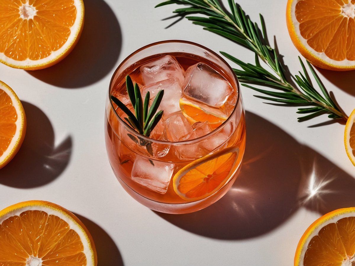 Ein Glas mit einem rosafarbenen Cocktail ist gefüllt mit Eiswürfeln und einer Orangenscheibe. Das Getränk ist mit einem Zweig Rosmarin garniert und befindet sich auf einem weißen Tisch. Rund um das Glas liegen mehrere aufgeschnittene, frische Orangen, die die lebendige Farbpalette des Bildes unterstreichen. Das Licht erzeugt interessante Schatten und betont die Textur der Zutaten.