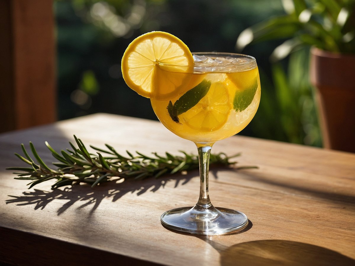 Ein frischer, gelber Cocktail in einem elegant geschwungenen Glas steht auf einem Holztisch. Der Drink ist mit Eis gefüllt und enthält Scheiben von Zitrone sowie frische Minzblätter, die dekorativ im Glas platziert sind. Neben dem Glas liegt ein Zweig mit grünen Blättern, der dem Bild eine natürliche Note verleiht. Im Hintergrund sind verschwommene Pflanzen zu sehen, die eine entspannte Atmosphäre schaffen.