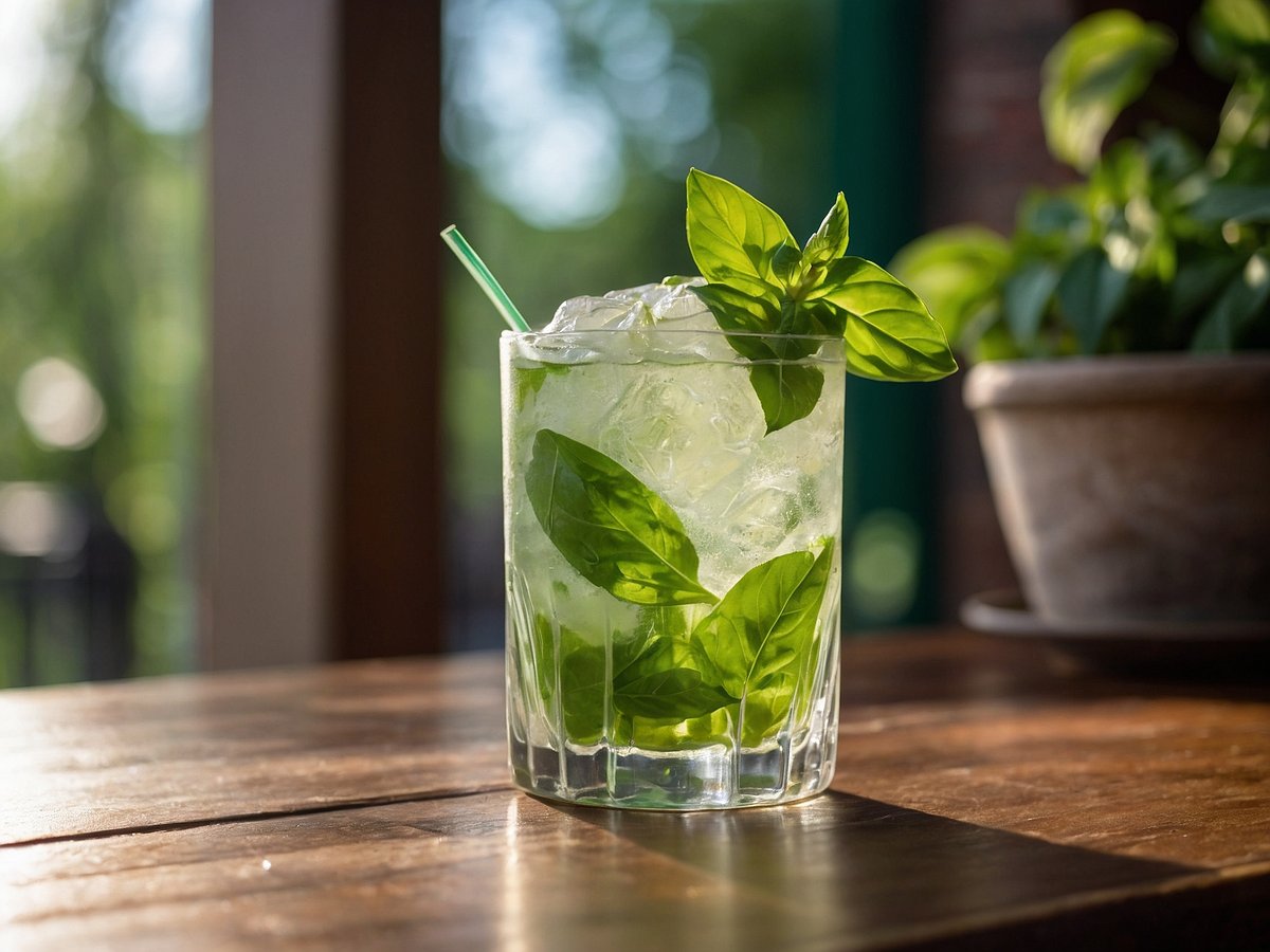 Ein klarer Cocktail mit frischen Basilikumblättern und einer Eisbeilage steht auf einem Holztisch. Der Drink ist in einem transparenten Glas serviert und hat einen grünen Strohhalm. Im Hintergrund sind verschwommene Pflanzen zu sehen, die eine gemütliche Umgebung ergeben. Die Sonne scheint sanft auf den Drink und verleiht der Szene eine helle, einladende Atmosphäre.