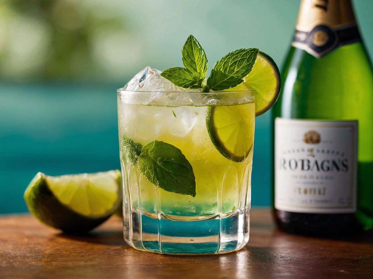 Ein erfrischender Mojito Royal in einem klaren Glas mit Eiswürfeln, dekoriert mit frischen Minzblättern und Limettenscheiben. Im Hintergrund steht eine Flasche mit einem sprudelnden Getränk, die den Namen Robagns trägt, und neben dem Glas liegt eine halbierte Limette auf einem Holztisch. Die Farben sind lebendig mit einem hellen, einladenden Hintergrund.