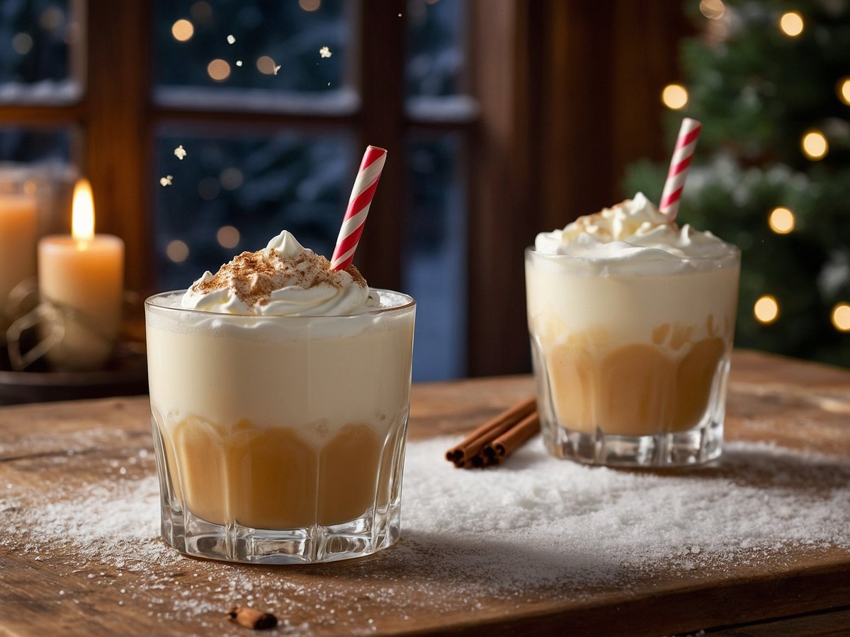 Zwei Gläser mit cremigem Getränk stehen auf einem Holztablett, umgeben von Weihnachtsdekoration. Jedes Glas ist mit Schlagsahne und einer Prise Zimt dekoriert. Aus einem Glas ragt ein rot-weißer Strohhalm. Im Hintergrund sind Kerzen und ein Weihnachtsbaum zu sehen, während ein sanftes Licht die Szene beleuchtet. Der Tisch ist mit Zucker bestreut, was eine winterliche Atmosphäre schafft.