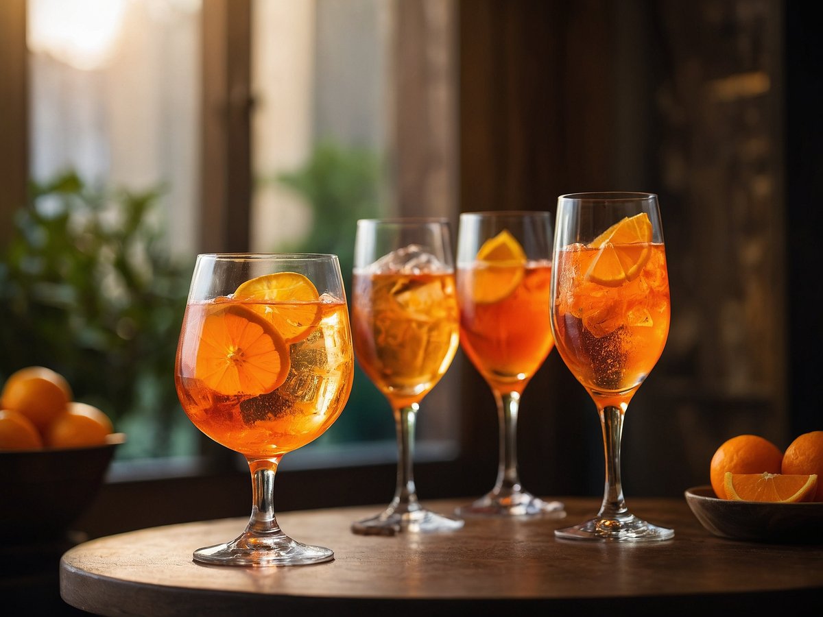 Auf dem Bild sind vier Gläser mit Aperol Spritz Royale zu sehen, gefüllt mit einer leuchtend orangefarbenen Flüssigkeit und dekoriert mit Orangenscheiben. Zwei der Gläser enthalten Eiswürfel. Der Hintergrund zeigt verschwommen eine grüne Pflanze und die sanften Lichter eines Raumes. Im Vordergrund steht eine Holzplatte, auf der ein weiterer Teller mit frischen Orangen und Orangenschnitzen zu sehen ist. Die Atmosphäre wirkt einladend und warm, ideal für gesellige Momente.