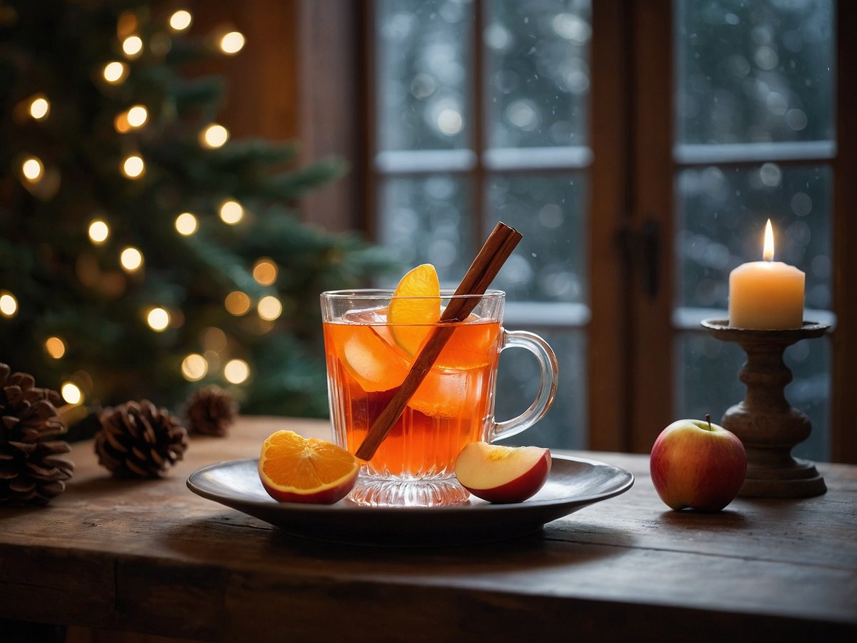 Ein Glas mit heißem Aperol steht auf einem rustikalen Holztisch. Das Getränk ist orange gefärbt und enthält Orangenscheiben und einen Zimtstick. Um das Glas herum liegen frische Äpfel, während im Hintergrund ein Tannenbaum mit sanften Lichtern beleuchtet wird. Eine brennende Kerze auf einem kleinen Tisch steht neben dem Glas und sorgt für eine gemütliche Atmosphäre. Durch das Fenster ist eine verschneite Landschaft sichtbar.