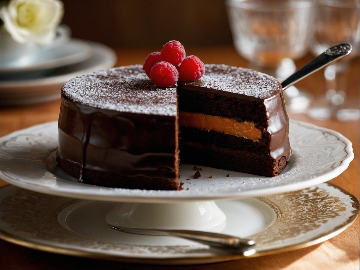 Eine Sachertorte auf einem eleganten Teller, die in der Mitte angeschnitten ist. Die Torte hat eine glatte, glänzende Schokoladenglasur und ist mit Puderzucker bestäubt. Auf der oberen Fläche sind einige frische Himbeeren platziert. Im Hintergrund sind Teller und Gläser sichtbar, die eine festliche Stimmung vermitteln.