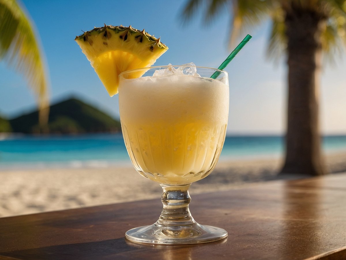 Ein erfrischender Pina Colada Royale in einem eleganten Glas steht auf einem Holztisch. Der Cocktail ist mit einer frischen Ananasscheibe garniert und enthält Eiswürfel, die im Getränk schwimmen. Im Hintergrund sieht man einen wunderschönen Strand mit sanften Wellen und einer malerischen Hügelkulisse, während Palmen sanft im Wind wiegen. Die Farben sind lebhaft und vermitteln eine entspannte Urlaubsstimmung.