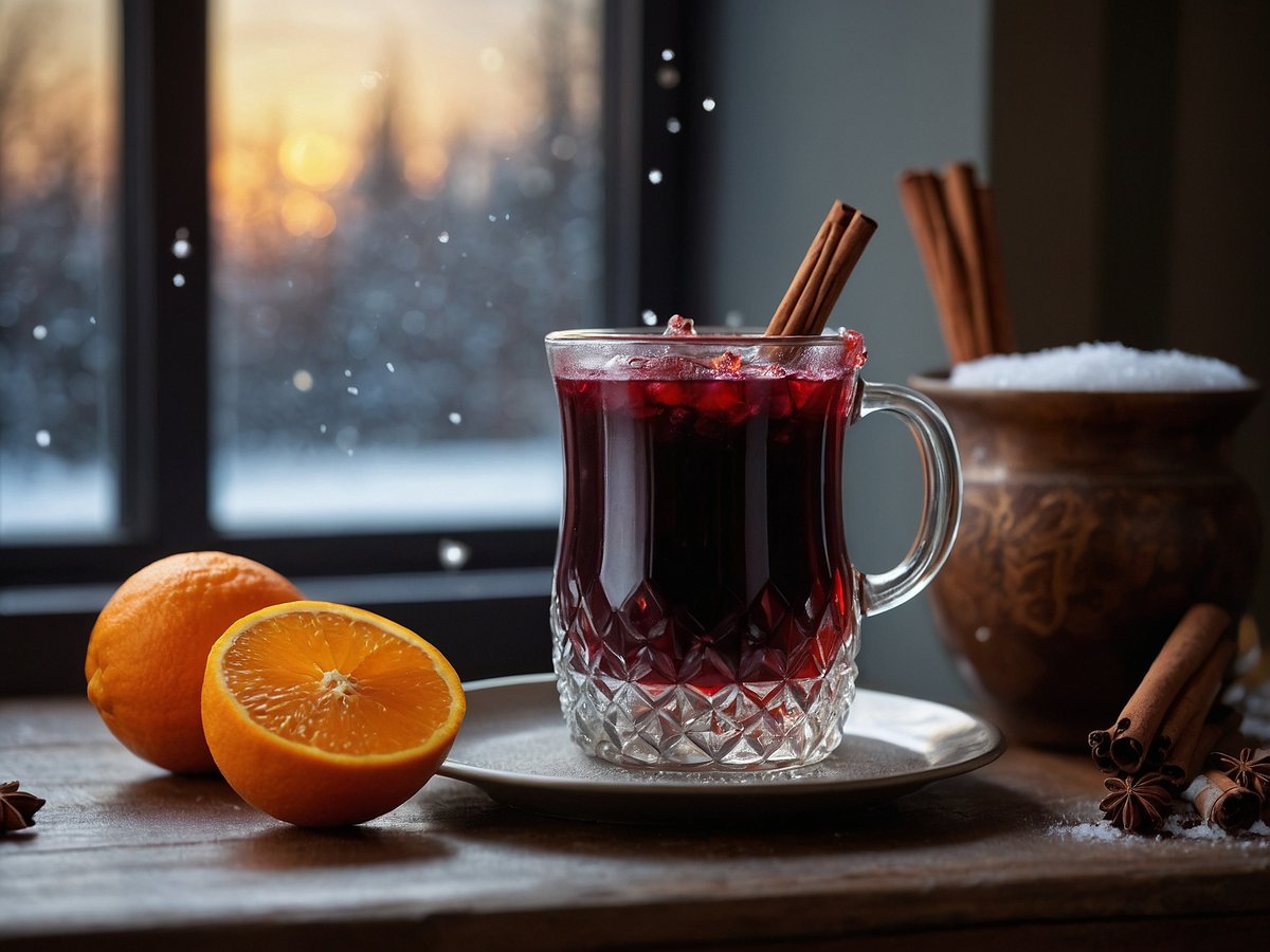 Ein Glas mit dampfendem Glühwein steht auf einem Holztablett, umgeben von einer halbierten Orange und einer ganzen Orange. Im Hintergrund sind Zimtstangen und eine dekorative Schale mit weißem Zucker sichtbar. Durch das Fenster scheint ein sanftes Licht, das auf den verschneiten Außenbereich hinweist. Leichte Schnee-Partikel schweben in der Luft, was eine warme und gemütliche Atmosphäre schafft.