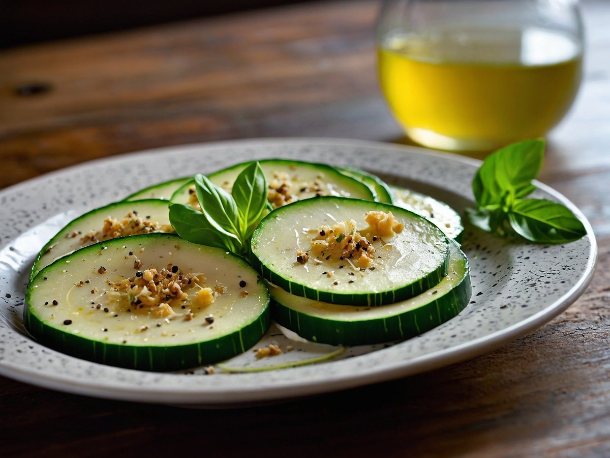 Zucchini-Carpaccio auf einem speckigen Teller, bestehend aus dünn geschnittenen Zucchinischeiben, die mit geriebenem Parmesan, schwarzem Pfeffer und gehackten Nüssen garniert sind. Frische Basilikumblätter sorgen für einen Farbtupfer, während im Hintergrund ein Glas mit grünem Öl steht. Der Hintergrund hat eine rustikale Holzoberfläche, die dem Gericht eine gemütliche Atmosphäre verleiht.