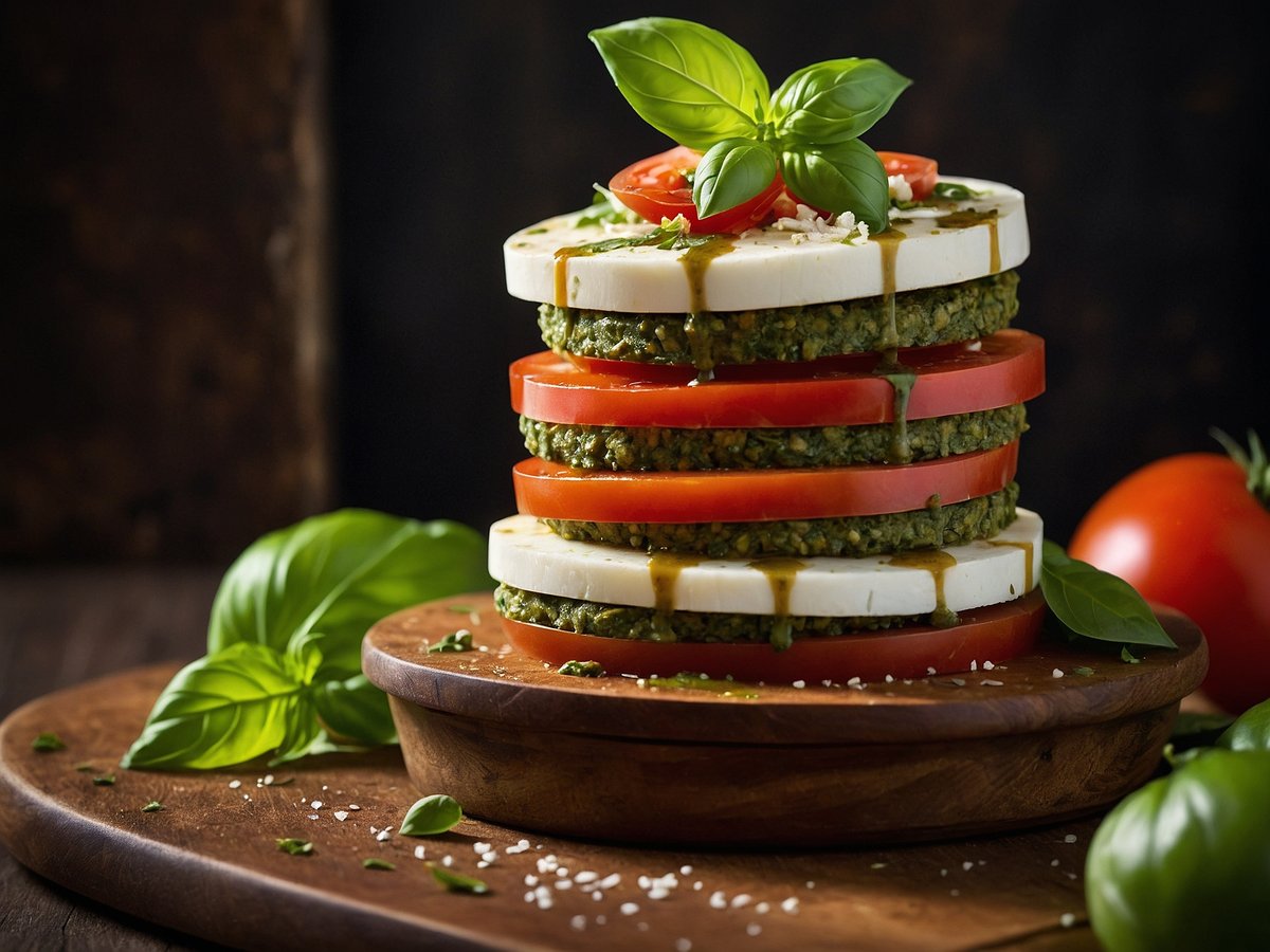 Auf dem Bild ist ein appetitliches Türmchen aus Tomaten und Mozzarella zu sehen. Es besteht aus abwechselnden Schichten von frischen Tomatenscheiben und Mozzarella, die von einer grünen Pesto-ähnlichen Masse ergänzt werden. Oben auf dem Türmchen sind einige halbe Tomaten und ein frisches Basilikumblatt dekorativ platziert. Das Ganze steht auf einem runden Holzbrett, umgeben von frischen Basilikumblättern und einer Tomate im Hintergrund. Die Farben sind lebendig und verleihen dem Gericht eine ansprechende Optik.