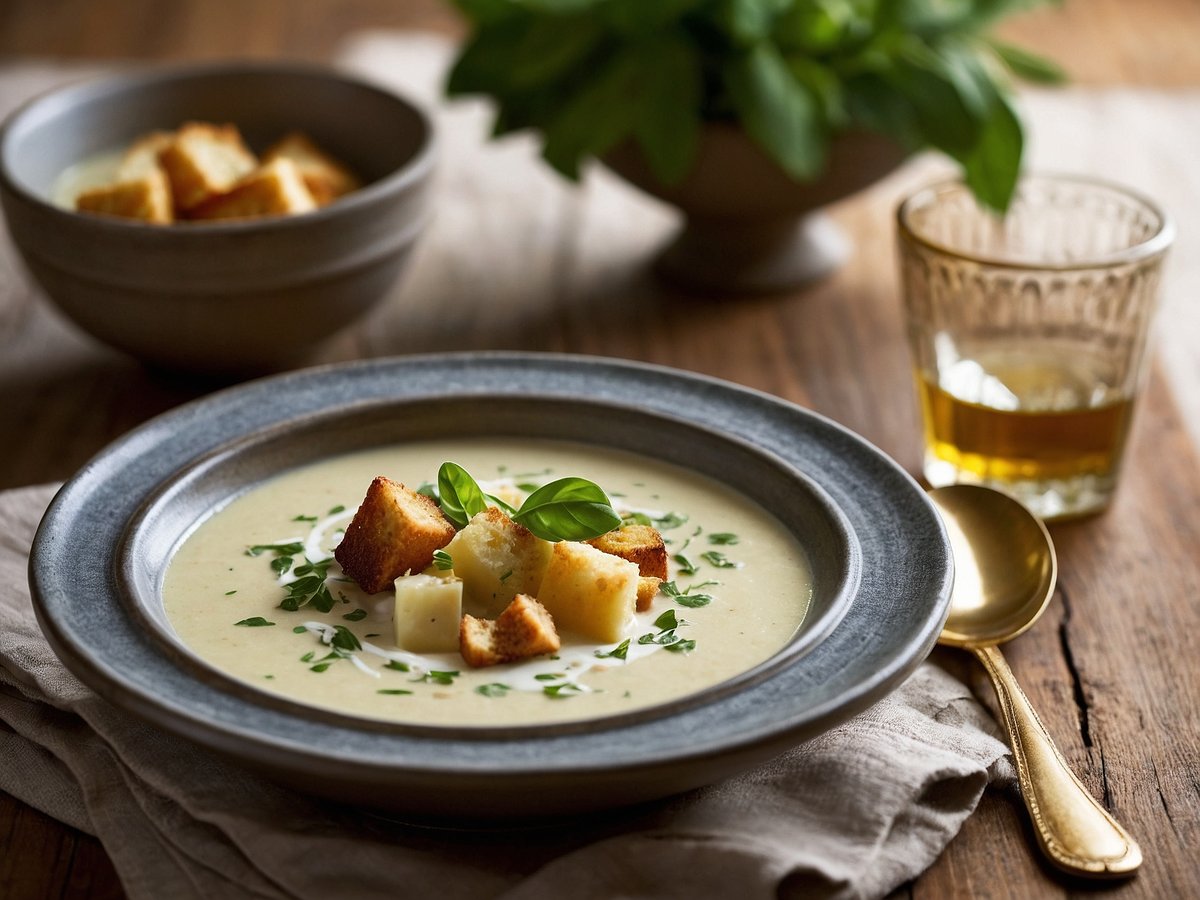 Eine elegante Schale Spargelcremesuppe ist im Vordergrund zu sehen, garniert mit Croutons und frischen Kräutern. Die Suppe hat eine cremige Textur und eine helle Farbe. Im Hintergrund befindet sich eine weitere Schale mit Croutons und ein Glas mit einem hellen Getränk. Der Tisch ist mit einem natürlichen Holzmuster gedeckt, und eine Serviette liegt neben der Schale. Ein goldfarbener Löffel ergänzt das Arrangement.