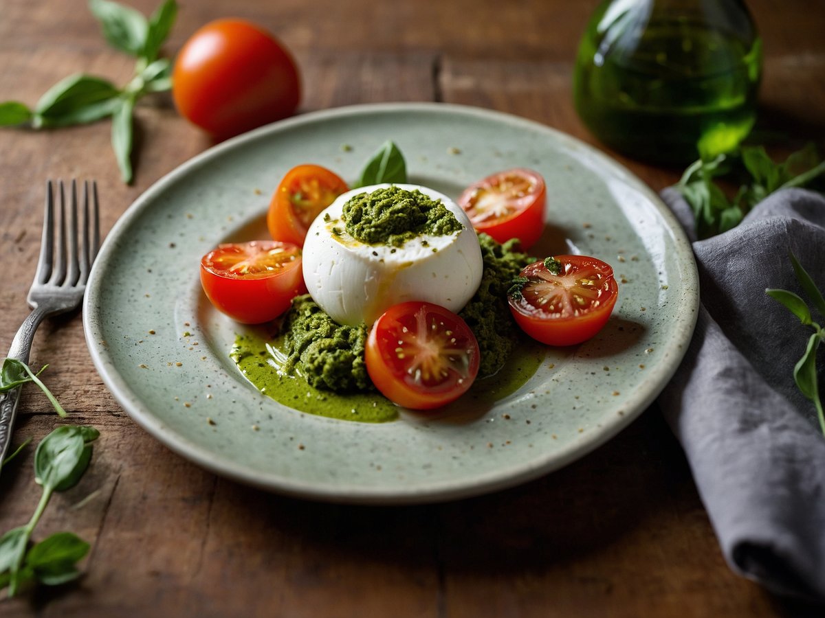 Ein Teller mit Burrata, umgeben von halbierten roten Cocktailtomaten. Die Burrata liegt auf einem Bett aus grünem Pesto. Frische Basilikumblätter und ein Esslöffel Olivenöl sind ebenfalls auf dem Teller zu sehen. Im Hintergrund sind eine Gabel aus Edelstahl und ein graues Tuch sowie ein zusätzliches rotes Tomatenstück zu erkennen. Der Teller ist auf einer holzverzierten Oberfläche platziert.