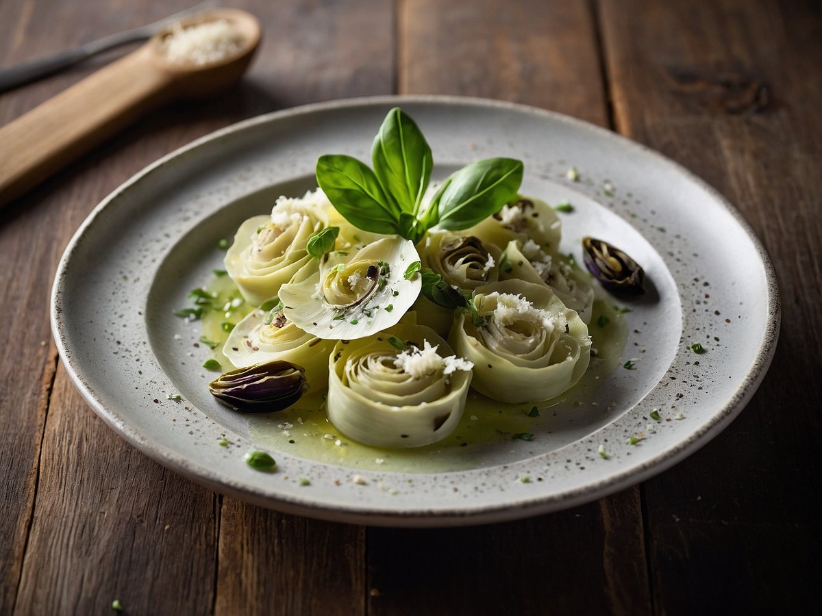 Ein Teller mit Artischocken-Carpaccio ist auf einer rustikalen Holzoberfläche platziert. Die Artischocken sind kunstvoll in rosettenartiger Form angerichtet und mit einem hellen Dressing überzogen. Frische Basilikumblätter und kleine Kräuter dekorieren das Gericht. Einige kleine schwarze Oliven ergänzen die Präsentation. Der Teller hat einen schlichten, eleganten Rand und die Gesamtkomposition wirkt leicht und ansprechend.