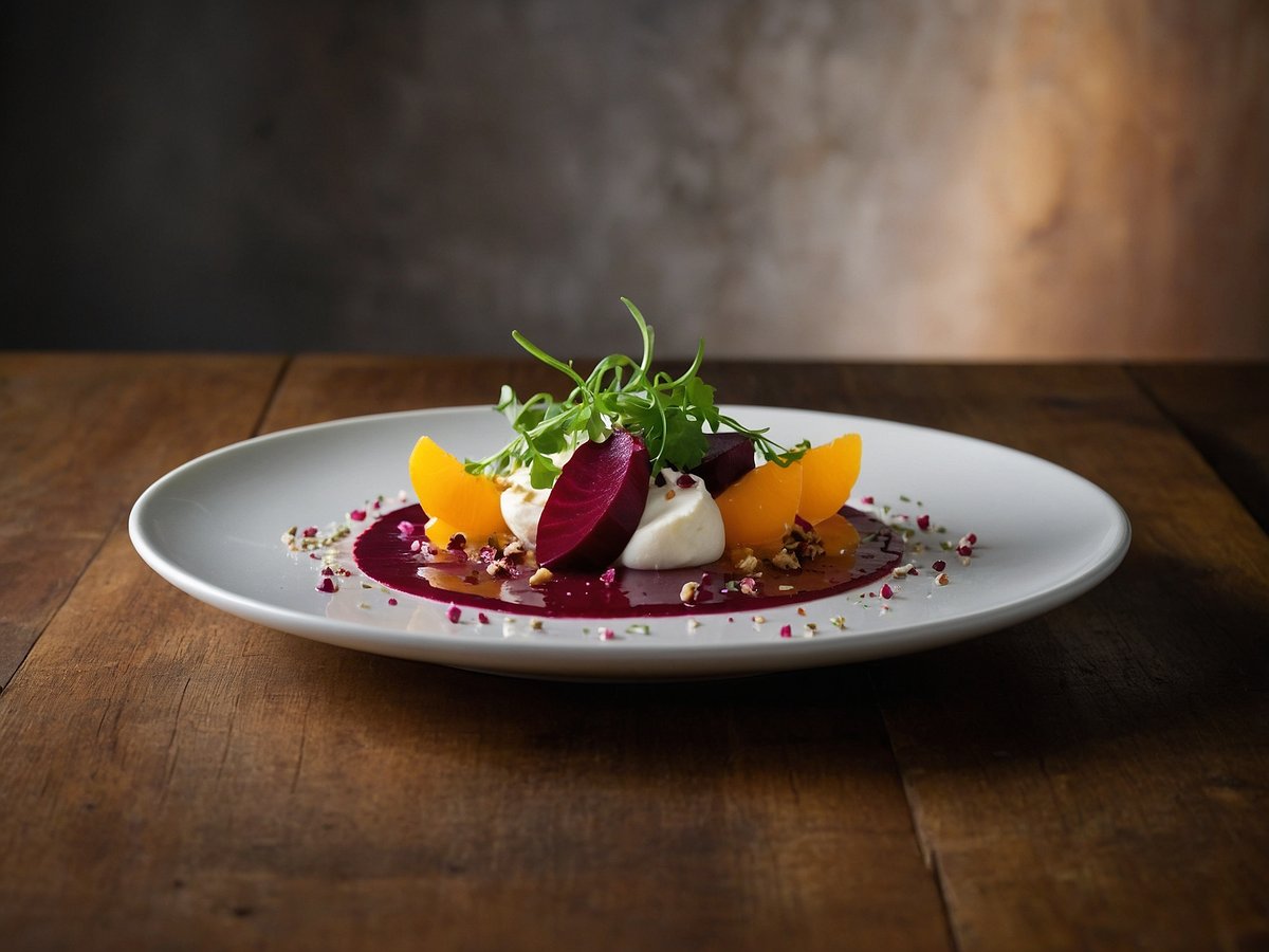 Rote-Bete-Carpaccio auf einem eleganten, weißen Teller, umgeben von einer feinen Sauce aus Rote Bete. Das Carpaccio ist garniert mit frischen Blättern, begleitet von zarten Orangenstücken und dekorativen Nüssen. Farbtupfer aus zerstoßenen Rote-Bete-Flocken verleihen dem Gericht eine kreative Note. Der Hintergrund zeigt eine warme Holzoberfläche und eine leicht unscharfe, neutrale Wand, die das Gericht in den Mittelpunkt rückt.