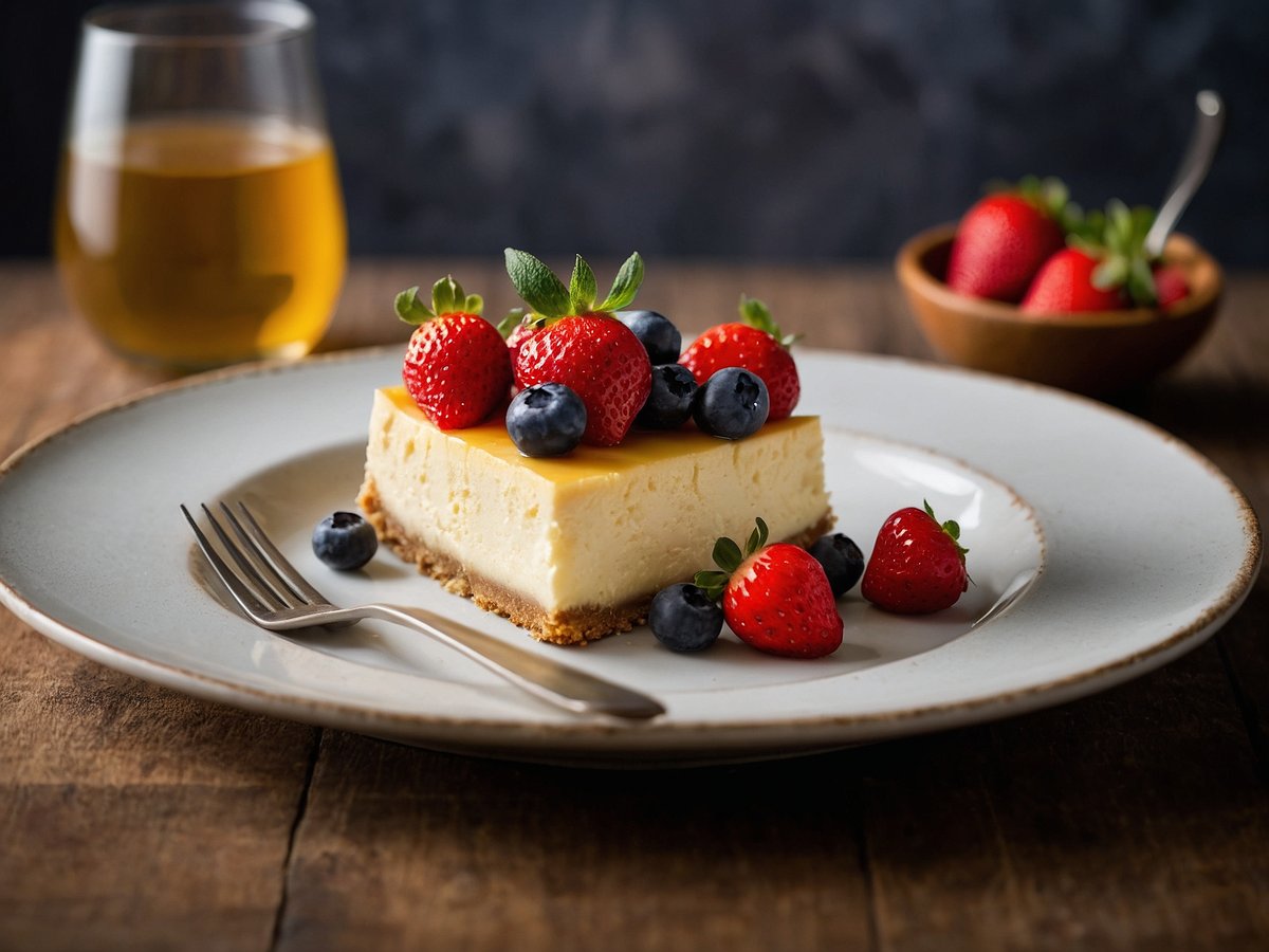 Ein Stück Käsekuchen liegt auf einem weißen Teller, dekoriert mit frischen Erdbeeren und blauen Beeren. Neben dem Kuchen befindet sich eine kleine Gabel aus Edelstahl. Im Hintergrund steht ein Glas mit einer hellen Flüssigkeit und rechts ist eine Schale mit weiteren Erdbeeren zu sehen. Der Tisch ist aus Holz und die Beleuchtung ist warm und einladend.