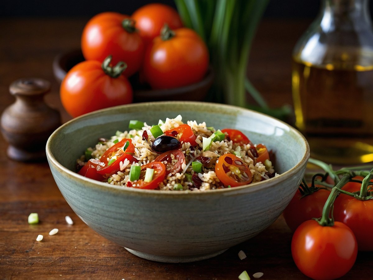 Eine Hähnchen-Bowl mit Quinoa ist in einer flachen, breiten Schüssel angerichtet. Die Bowl zeigt eine bunte Mischung aus Quinoa, geschnittenen Kirschtomaten, grünen Frühlingszwiebeln und schwarzen Bohnen. Im Hintergrund sind einige frische, rote Tomaten und eine Flasche Olivenöl zu sehen. Die Zutaten sind ansprechend und appetitlich drapiert und bilden ein gesundes, farbenfrohes Gericht. Der Holzuntergrund verleiht dem Bild eine natürliche und warme Atmosphäre.