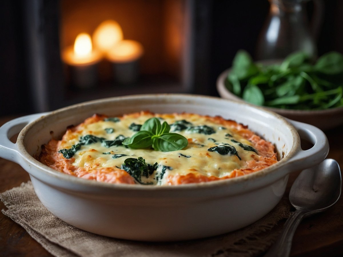 Ein Lachs-Sahne-Gratin wird in einer weißen Auflaufform präsentiert. Das Gericht enthält Stücke von Lachs, Spinat und eine cremige, goldbraun gebackene Käseschicht. In der Mitte des Gratins befindet sich ein frisches Basilikumblatt als Garnitur. Der Hintergrund zeigt eine warme, gemütliche Atmosphäre mit leicht unscharfen Kerzen, die ein sanftes Licht ausstrahlen, sowie einem kleinen Teller mit frischem Spinat. Ein silberner Löffel liegt auf einem groben Leinentuch neben der Auflaufform.