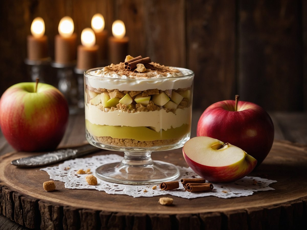 Ein Glas Apfel-Tiramisu steht auf einem rustikalen Holzbrett. Das Dessert besteht aus verschiedenen Schichten, darunter Crème, Apfelstücke und Keksbrösel. Neben dem Glas liegen ein halbierter roter Apfel und einige Zimtstangen. Im Hintergrund flammen mehrere Kerzen, die eine warme und einladende Atmosphäre schaffen.