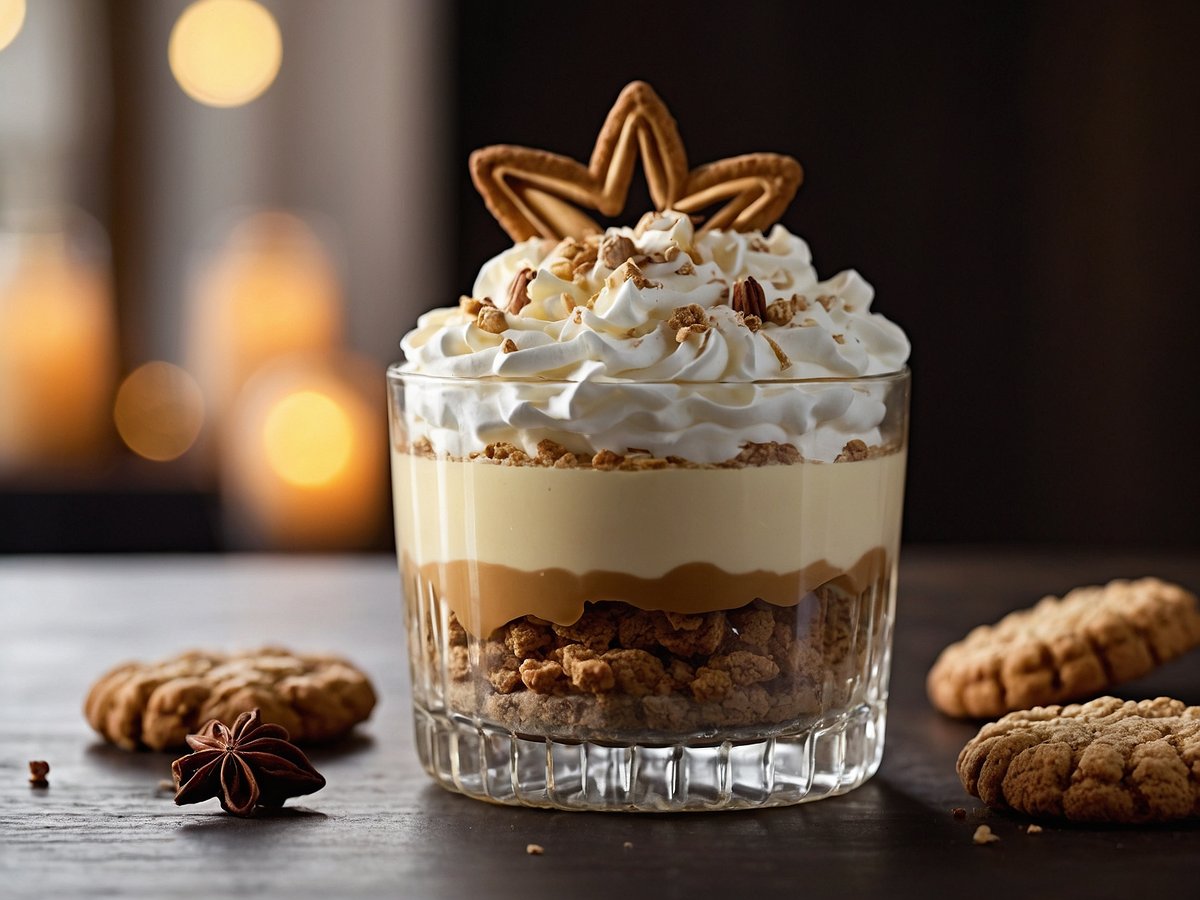 Ein leckeres Spekulatius-Dessert im Glas, das in mehreren Schichten aus zerbröselten Spekulatius-Keksen, einer cremigen Vanille- und einer Karamellschicht besteht. Oben ist das Dessert mit einer großzügigen Portion Schlagsahne dekoriert, die mit Keksbröseln bestreut ist. Eine dekorative Spekulatius-Platte mit sternförmiger Ausprägung krönt das Dessert. Im Hintergrund sind sanfte Lichter zu sehen, während einige weitere Kekse auf einem dunklen Holzuntergrund liegen.